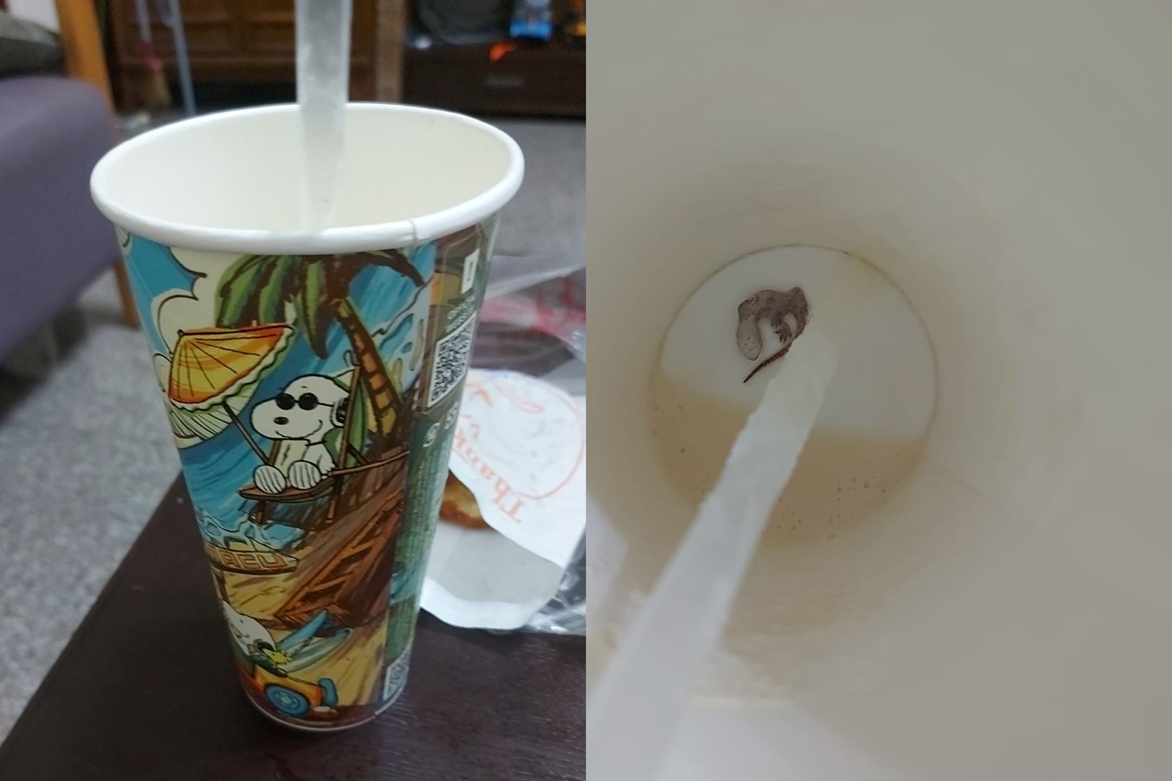 彰化一名媽媽昨日買飲料,在杯底發現壁虎屍體。(翻攝自臉書社團「爆料公社二社」)