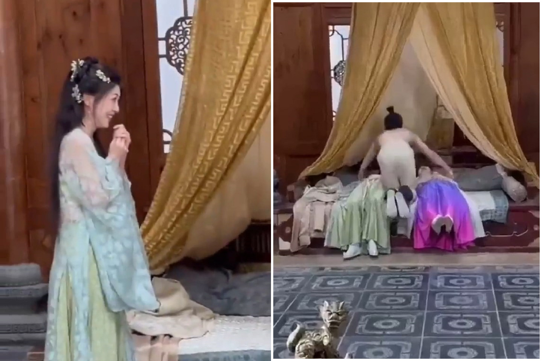 男拍帝王戲左擁右抱正妹，出現生理反應！下體「頂天立地」超尷尬。（翻自微博）