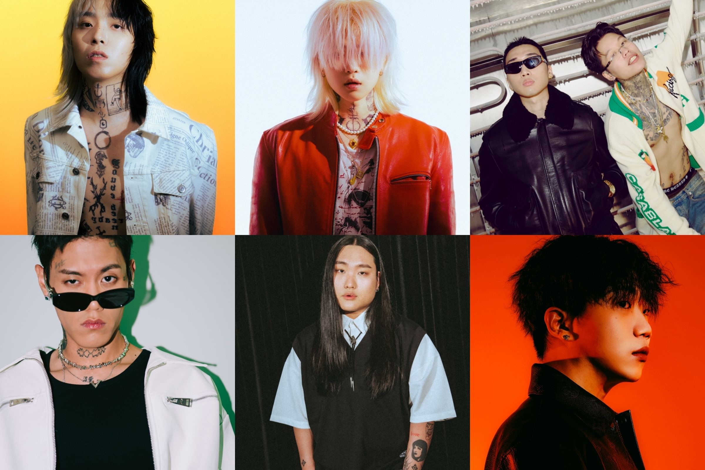 「BITION BOYZ」HASH SWAN(左上起順時針)、ASH ISLAND、KEEN HYO EUN、DON MALIK、CHANGMO、PAUL BLANCO、ZENE THE ZILLA七位嘻哈歌手將來台開唱。(AMBITION MUSIZ提供)