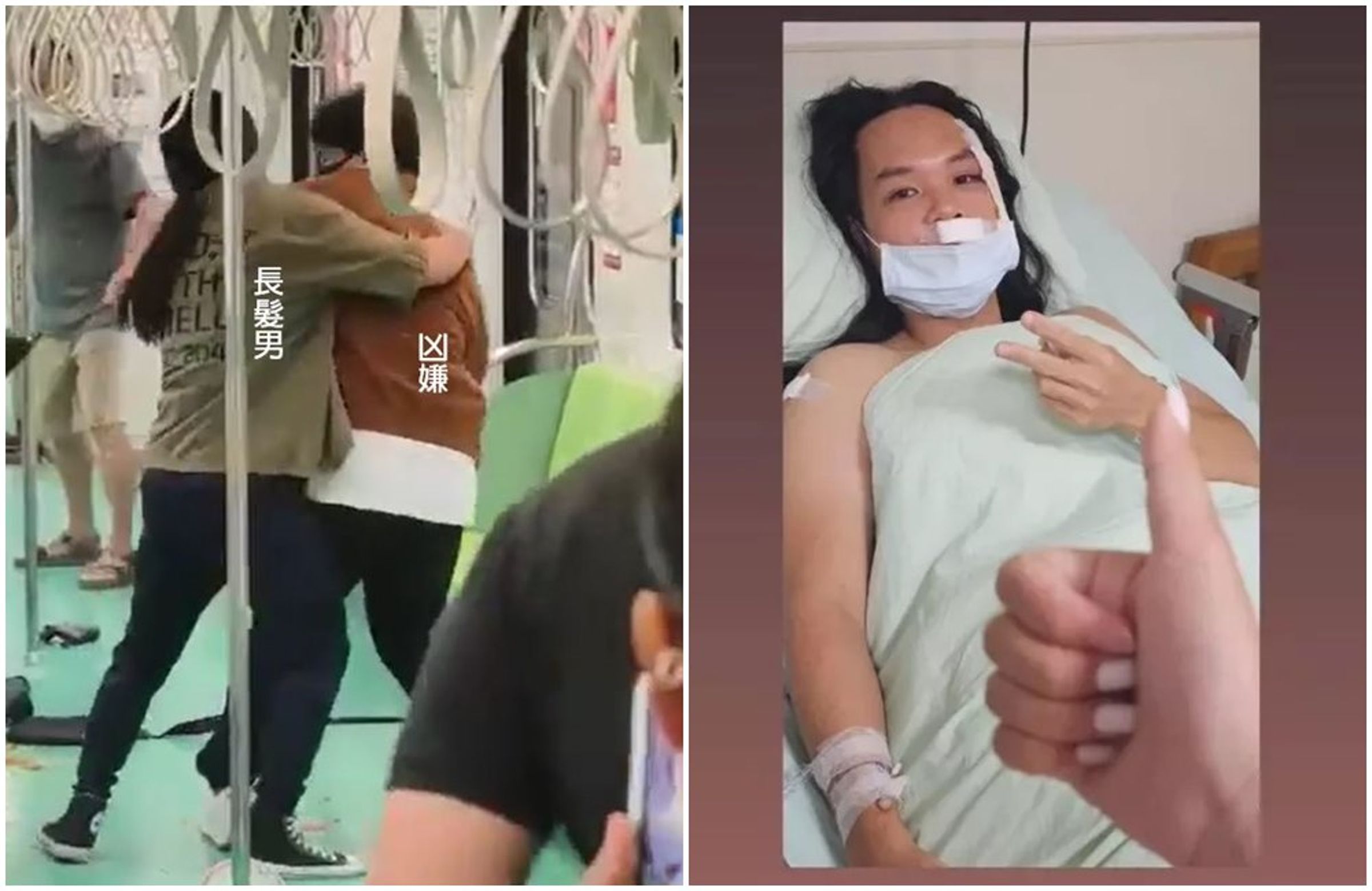 中捷昨發生隨機砍人事件(左圖),長髮哥(右圖)英勇上前與凶嫌肉搏。(翻攝影片畫面、長髮哥IG)