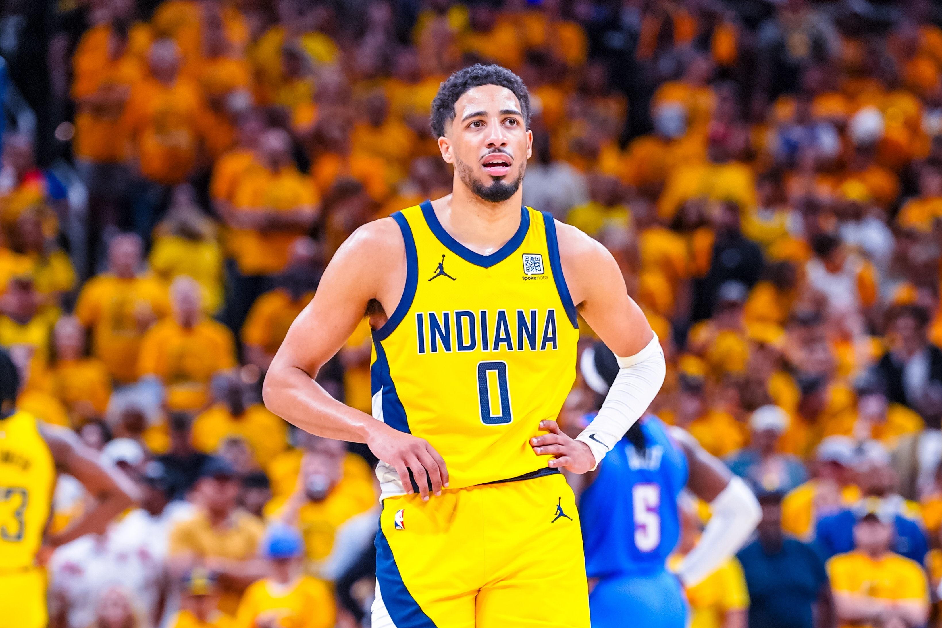 溜馬主控哈利波騰（Tyrese Haliburton）今日帶傷上陣，幫助溜馬擊敗雷霆。（翻攝自X@Pacers）