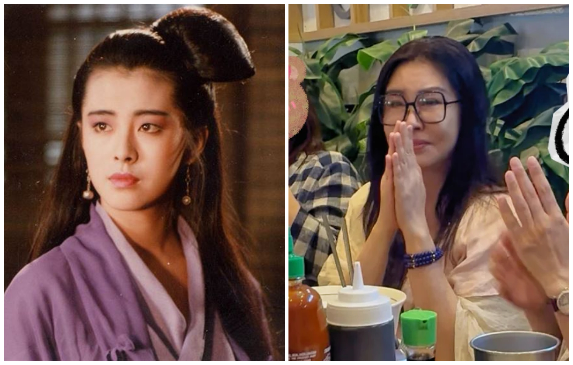 王祖賢當年以《倩女幽魂》聶小倩一角紅遍亞洲(左圖),如今淡出演藝圈多年,潛心修佛並經營艾灸事業。(翻攝小紅書)