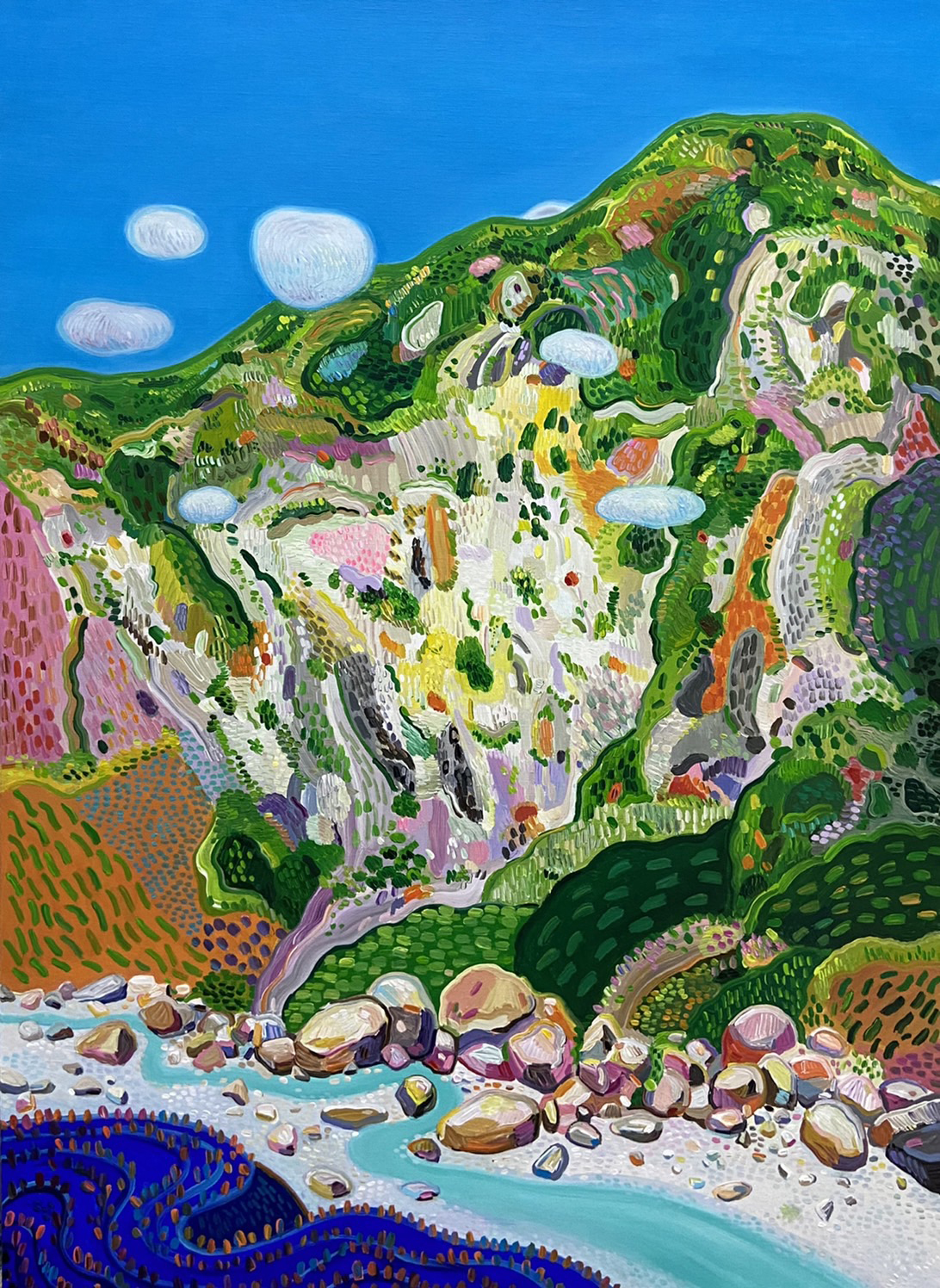 張峻閡畫下震前的太魯閣，山色繽紛，是他所說在西部看不見的飽和色彩。（張峻閡提供）
