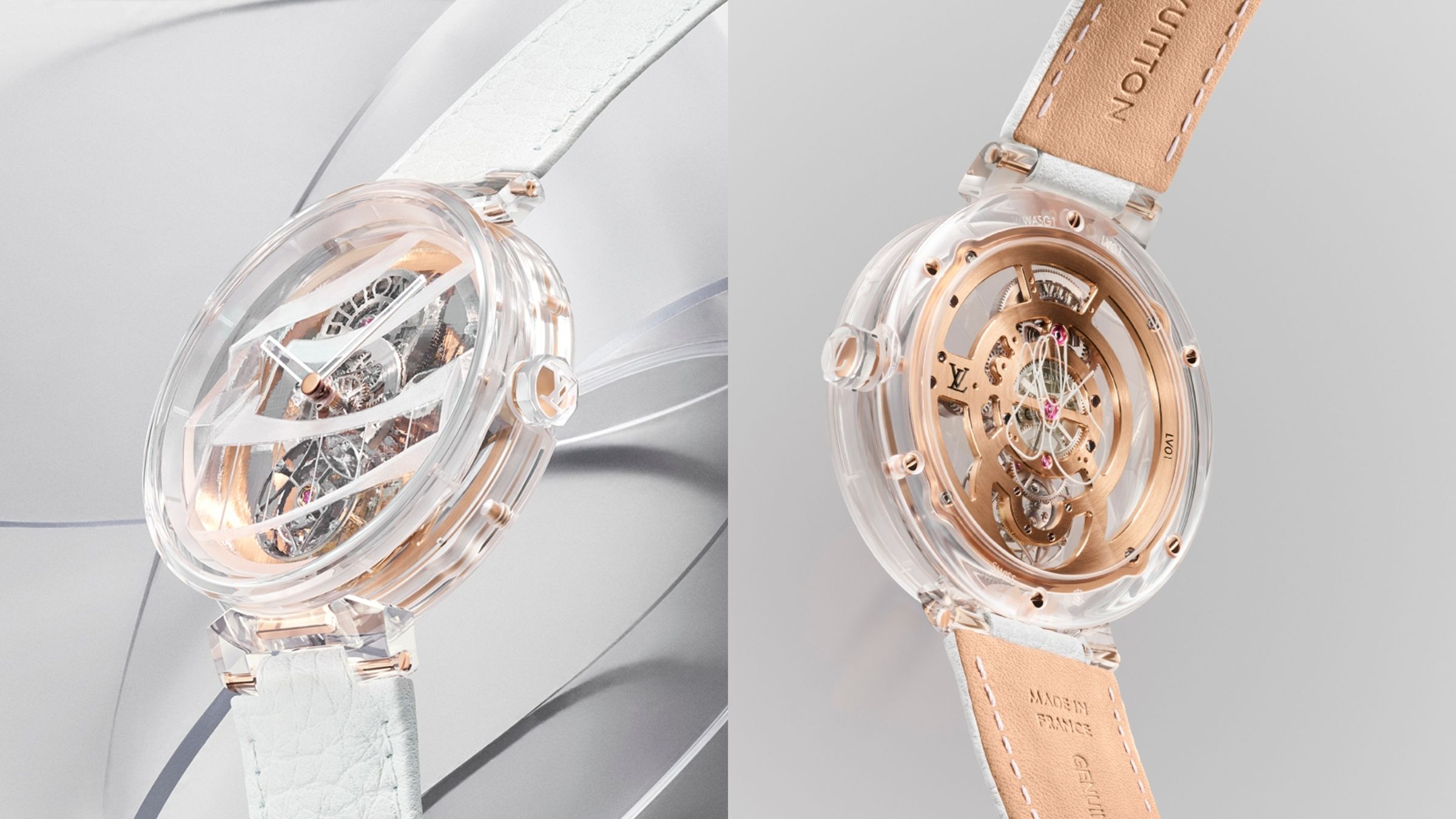 Tambour Moon Flying Tourbillon Poinçon de Genève Sapphire Frank Gehry|錶徑43.8mm/藍寶石水晶材質/時、分指示;飛行陀飛輪裝置/LFTMM05.01手上鍊機芯/動力儲存80小時/防水30米/定價NT$32,600,000