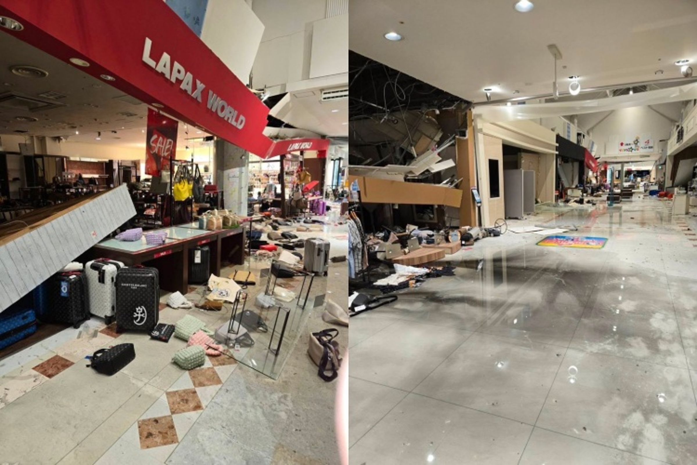 日本熊本縣發生強烈地震，位於宇城市的「永旺（AEON）夢樂城宇城店」內部設施嚴重受損，甚至發生牆體倒塌意外。（翻攝自X）