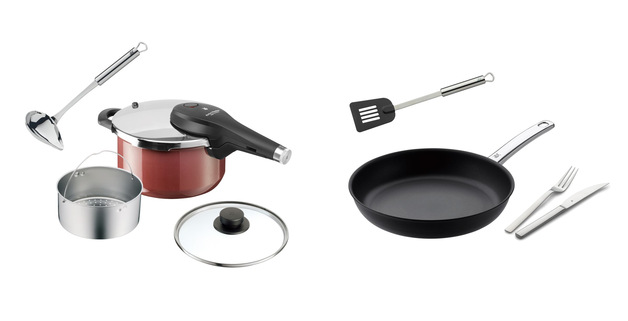 (左圖)WMF Fusiontec全球第一快力鍋,(右圖)五星主廚愛用的WMF Steak Profi 牛排專用陶瓷平底煎鍋,在週年慶檔期祭出四折起的超殺折扣,買越多省越多!