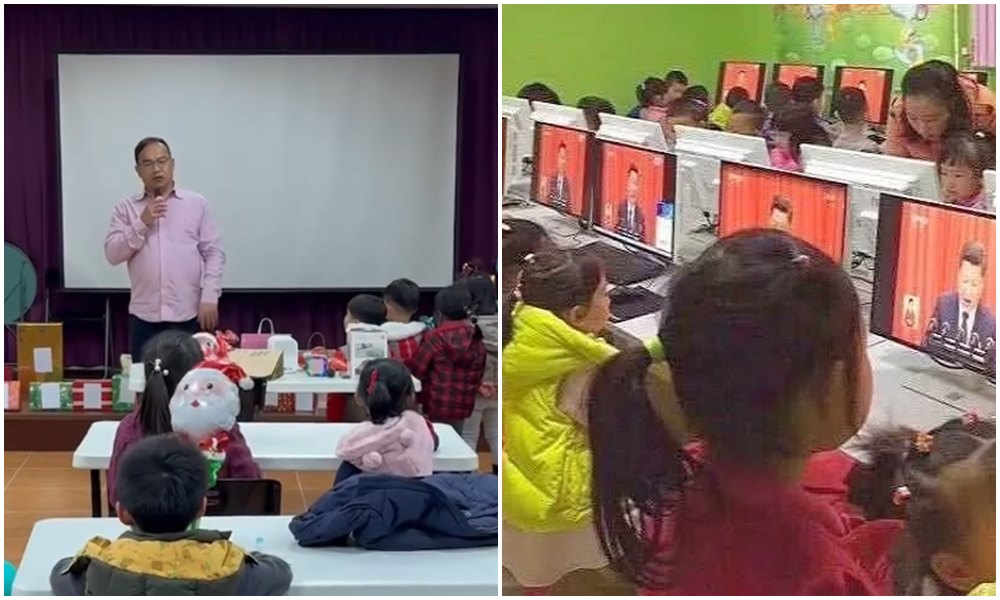 王義川（左圖）近日到苗栗與孩童宣講「白藍惡修三法」，遭砲轟對幼童「洗腦」。（翻攝王義川Threads）右圖為中國網路照片。