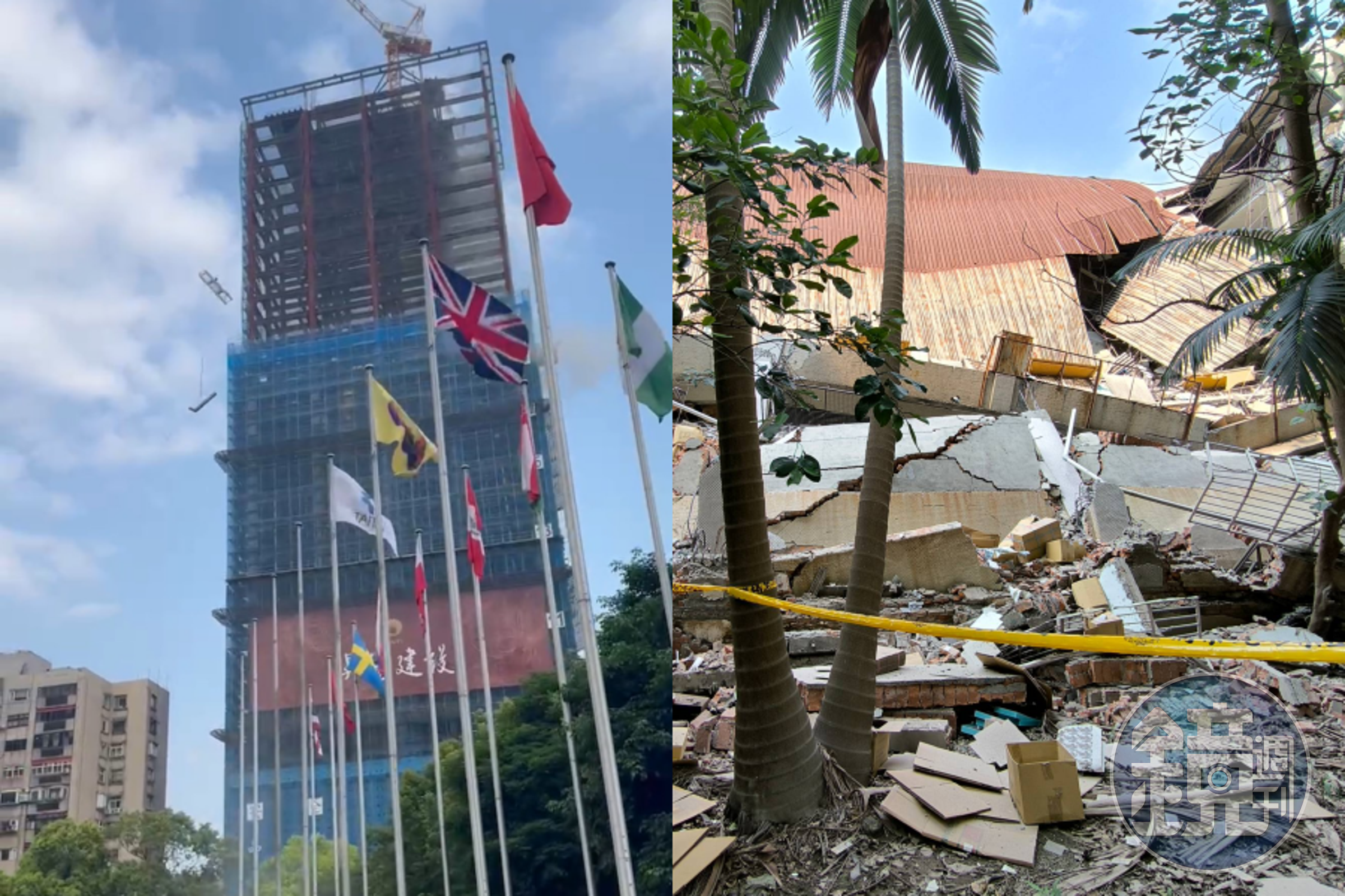 強震發生後這地災情頻傳,北市有工地吊臂墜落(左圖),新北市也有工廠倒塌(右圖)。(左圖翻攝自記者爆料網)