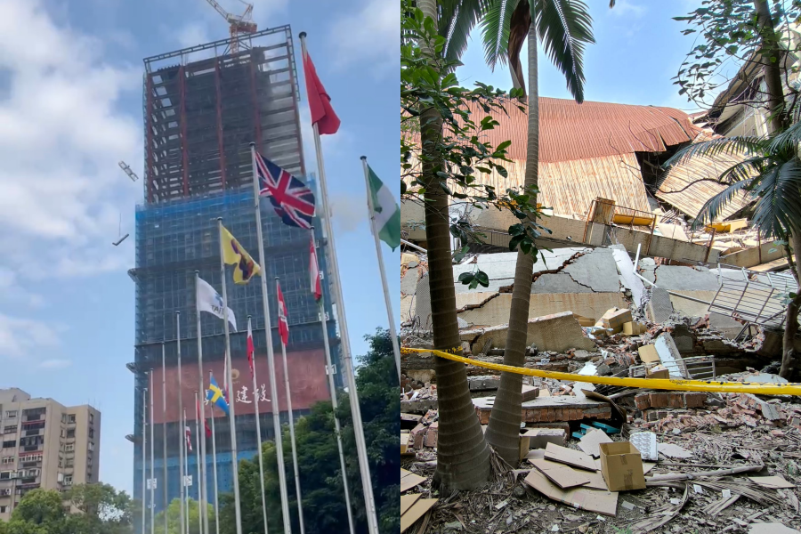 強震發生後這地災情頻傳，北市有工地吊臂墜落（左圖），新北市也有工廠倒塌（右圖）。（左圖翻攝自記者爆料網）