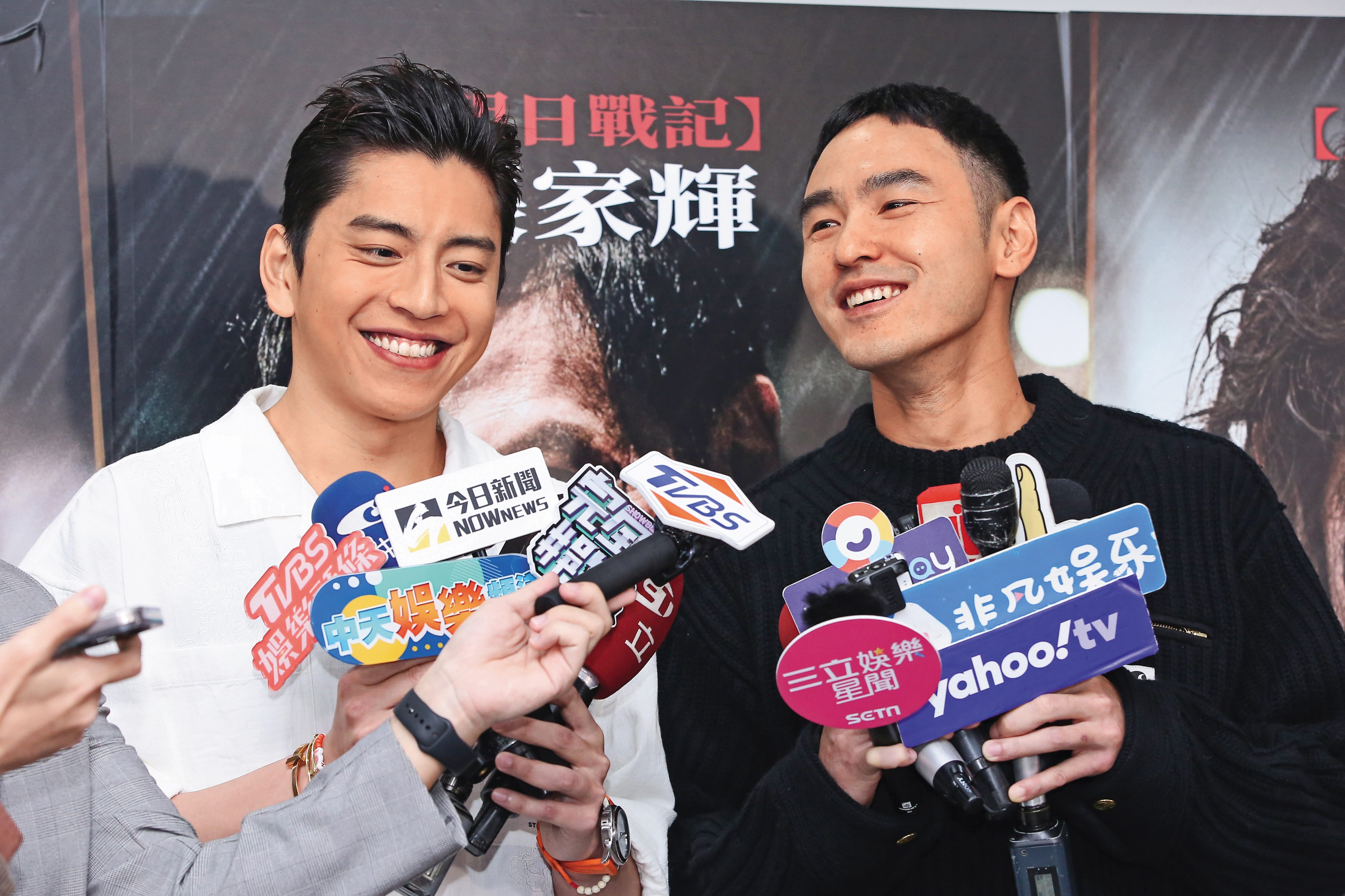 王大陸（左）和阮經天（右）今年初曾聯袂為張家輝主演的動作爽片《怒潮》宣傳。