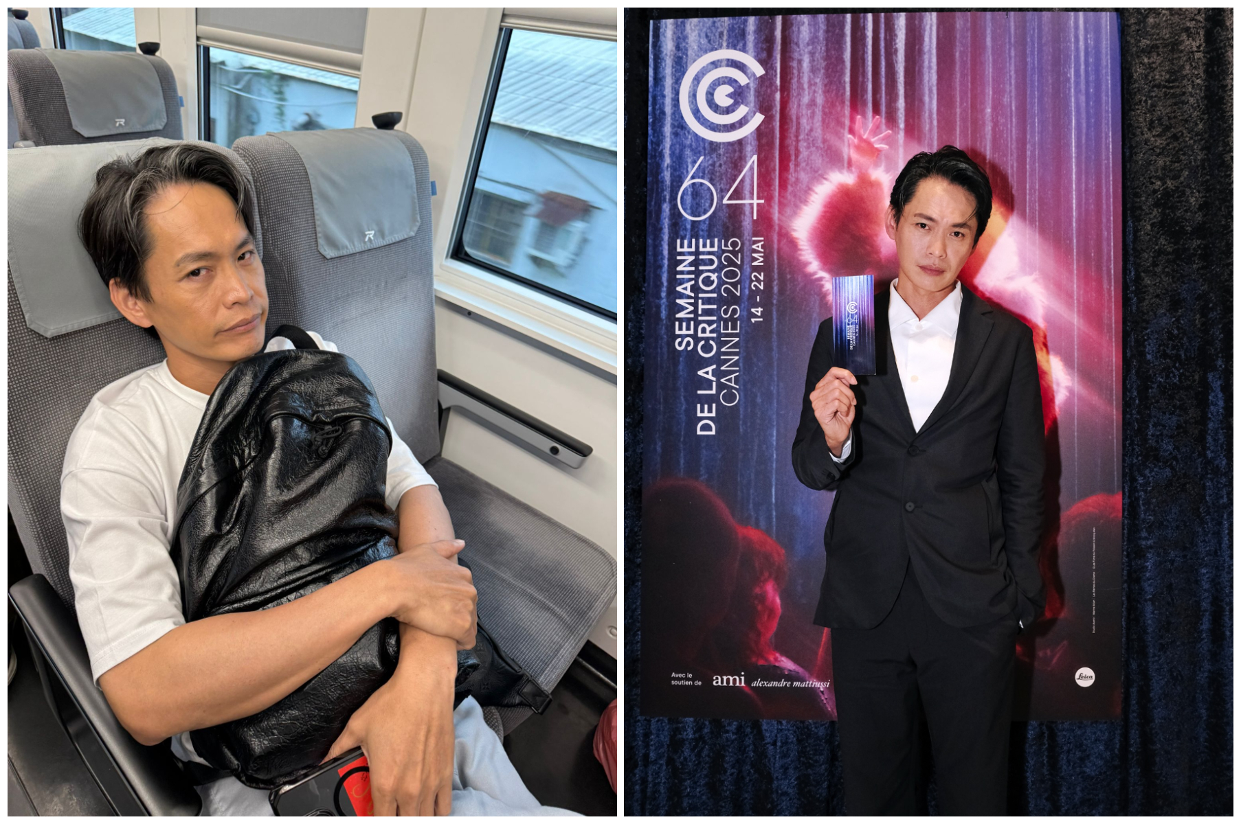 黃鐙輝早前出席坎城影展,晉升國際咖(右圖),回台後就開始馬不停蹄的工作(左圖)。(我在娛樂提供)