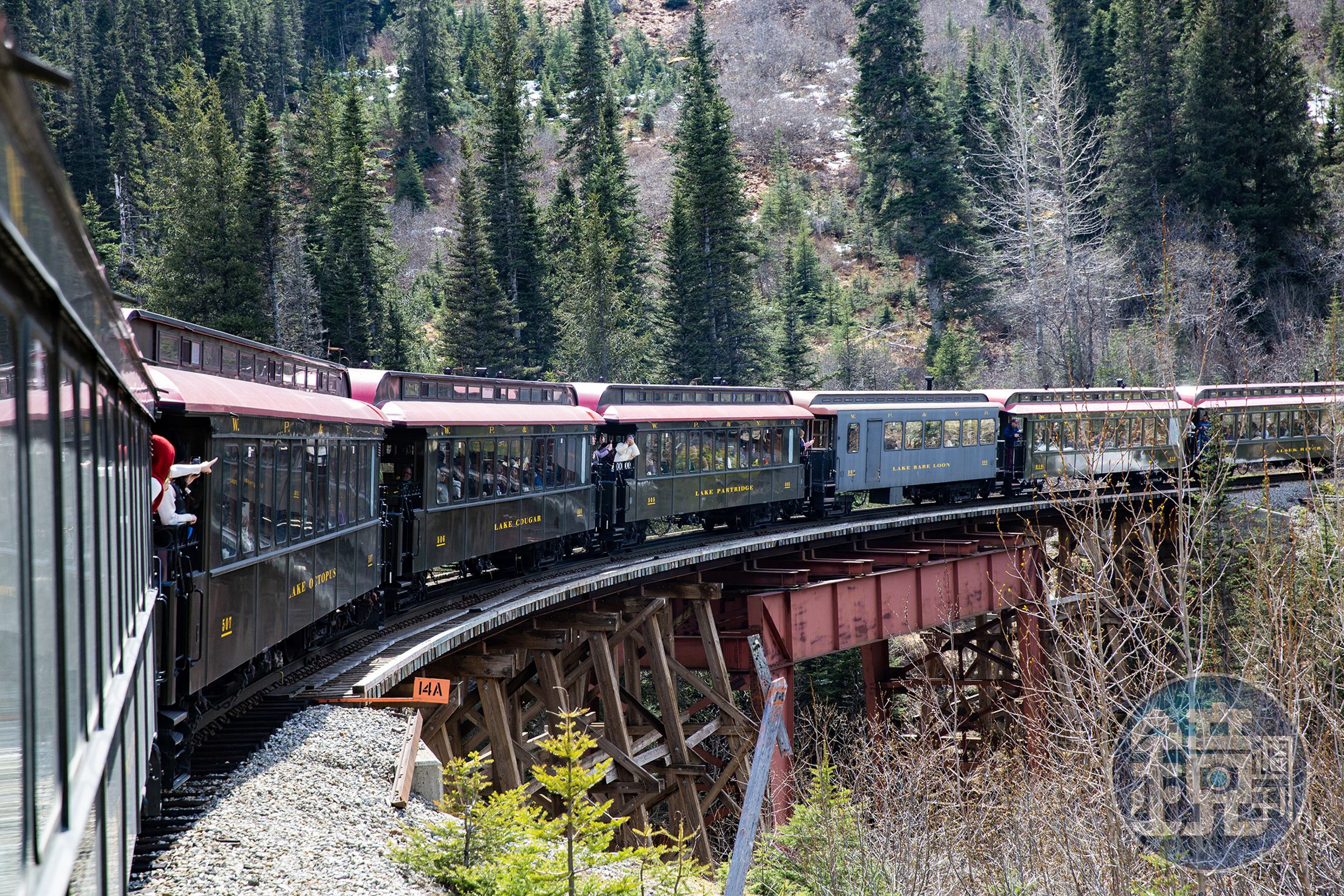 1898年興建的White Pass Railway穿越險峻山勢,列車行經懸崖邊高架橋與隧道之間,不只是景觀之旅,更是一段百年前工程冒險的重現。