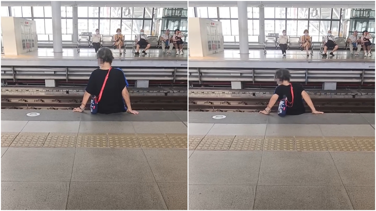 台鐵台中站今日中午驚傳有名老嫗疑似為了100元鈔票不慎掉落鐵軌，竟直接從月台跳下軌道撿錢。（Threads@yh.sky_0326授權提供）