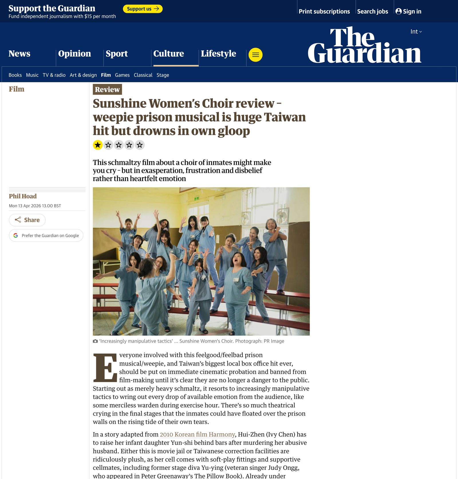 《衛報》影評只給《陽光女子合唱團》1顆星評價。（翻攝theguardian）