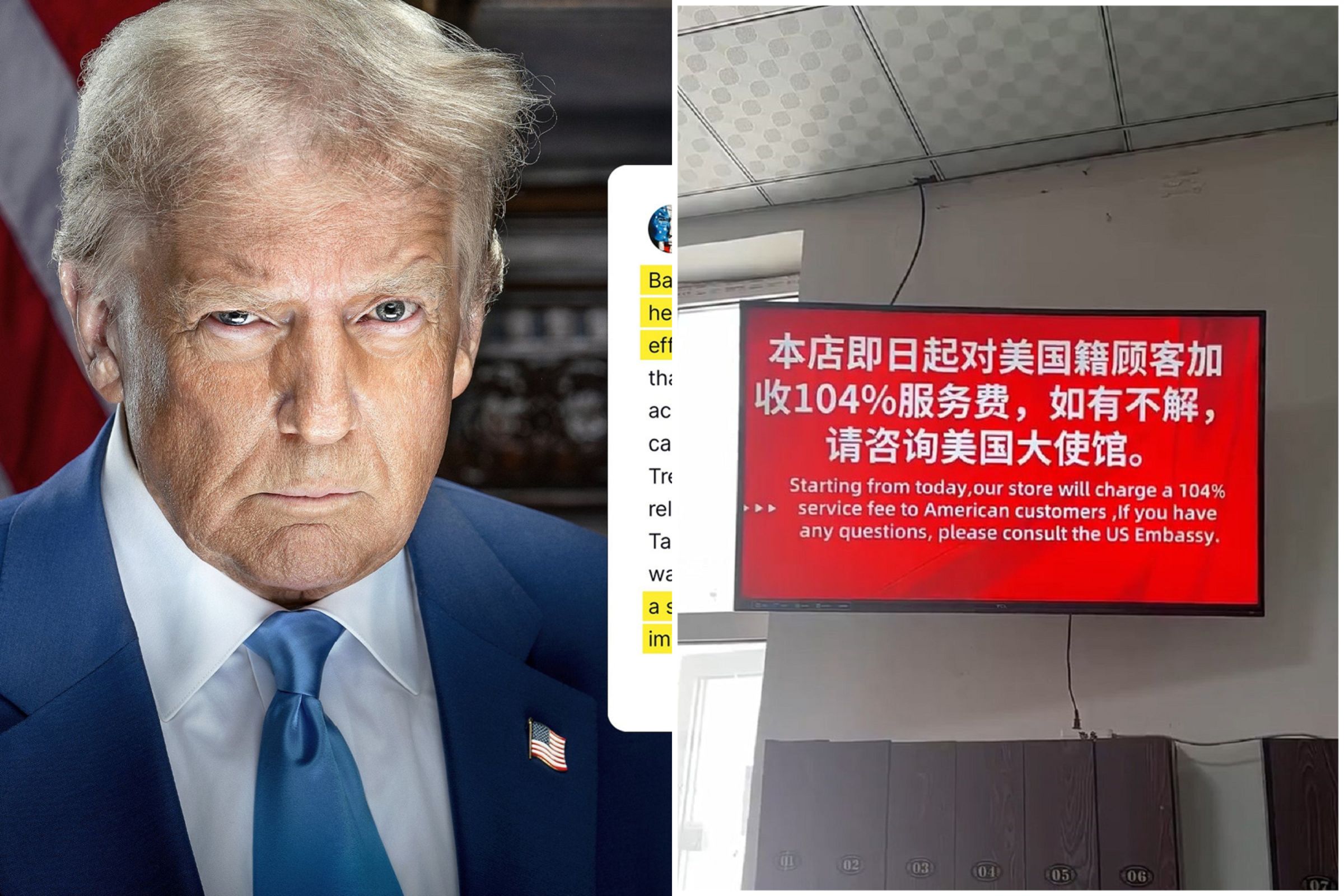義和團再現?中國人不怕川普加碼課稅,店家挺「對美客戶收104%服務費」。(翻自X平台)