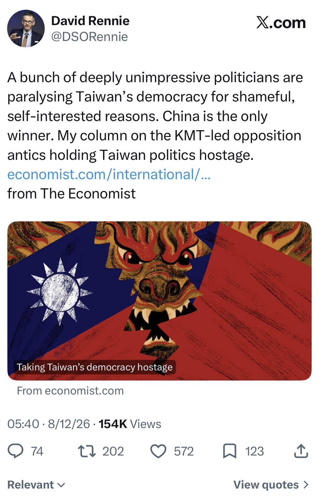 《經濟學人》專欄作者雷尼（David Rennie）在X平台再度發聲，批評「一群極度乏善可陳的政治人物」為了可恥、自利的理由讓台灣民主陷入癱瘓，並直指「中國是唯一的贏家」，同時轉發自己日前撰寫的「挾持台灣民主」專文。