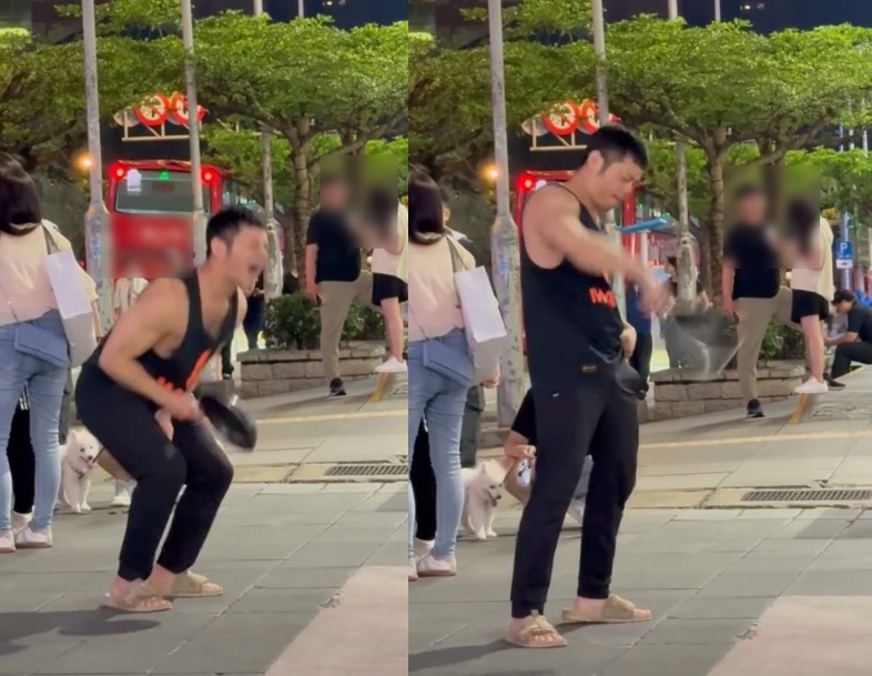 網紅在信義區拿鐵鍋砸下體，奇葩的表演引起路人關注。（翻攝threads@andychao0731）
