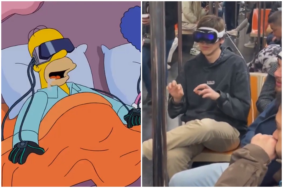 隨著「Apple Vision Pro」發售,美國有不少新興社會現象發生,《辛普森家庭》在2016年播放的集數中完美呈現這些現象。(左圖翻攝自X@OscarGomez369,右圖翻攝自X@HHackenbecker)