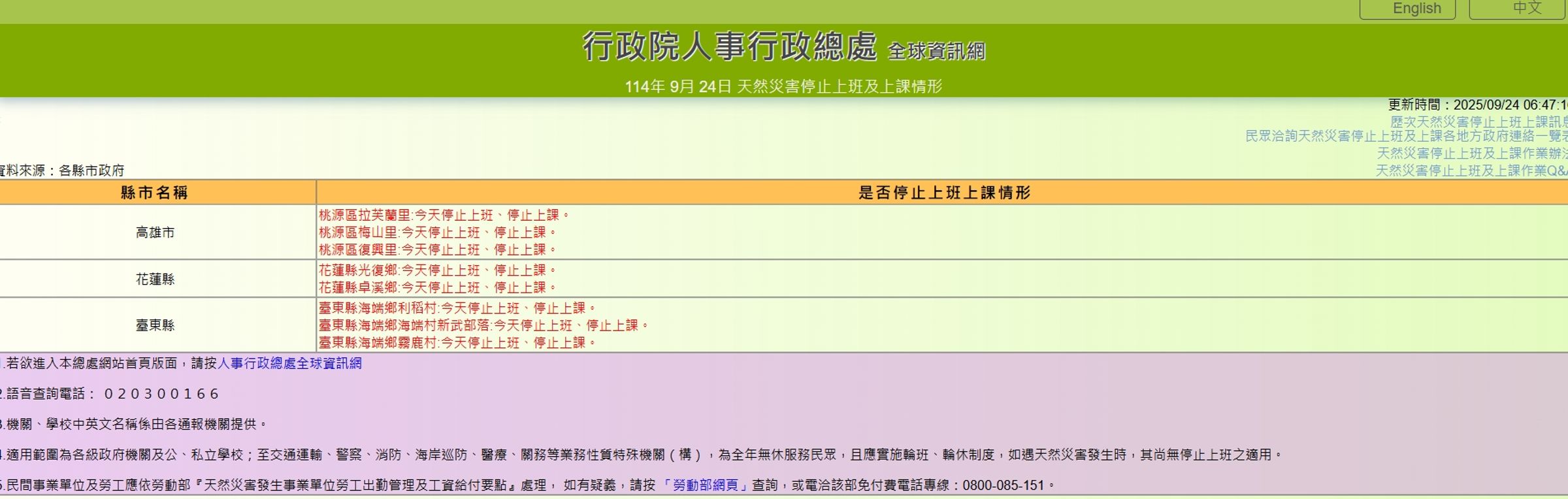 目前花蓮、高雄、台東均有地區仍是停班停課。(翻攝自行政院人事行政總處官網)