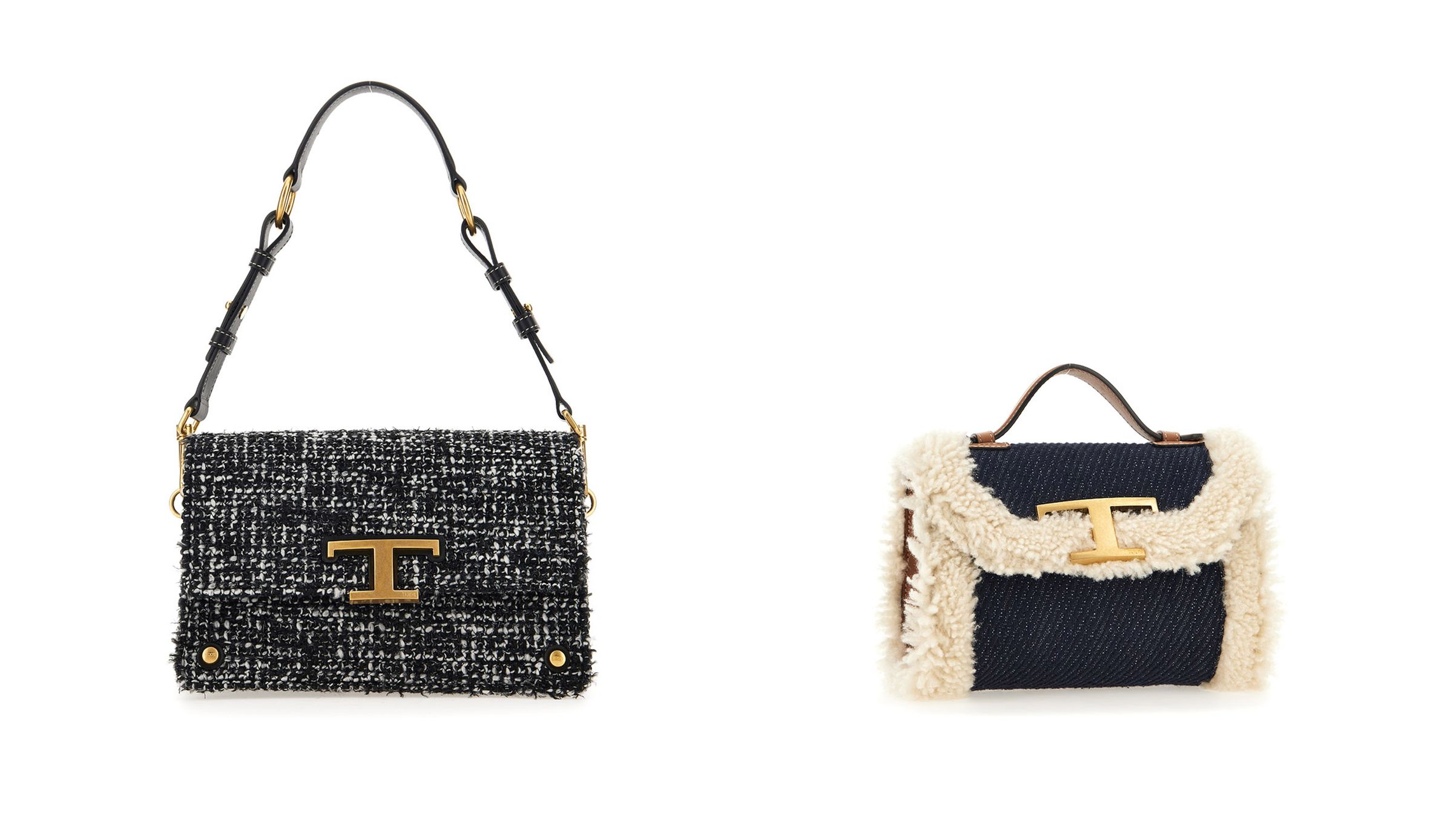 (左) TOD'S T Timeless織呢風琴包 NT$79,900,(右) TOD'S T Timeless毛毛拼接圓桶包 NT$65,900。