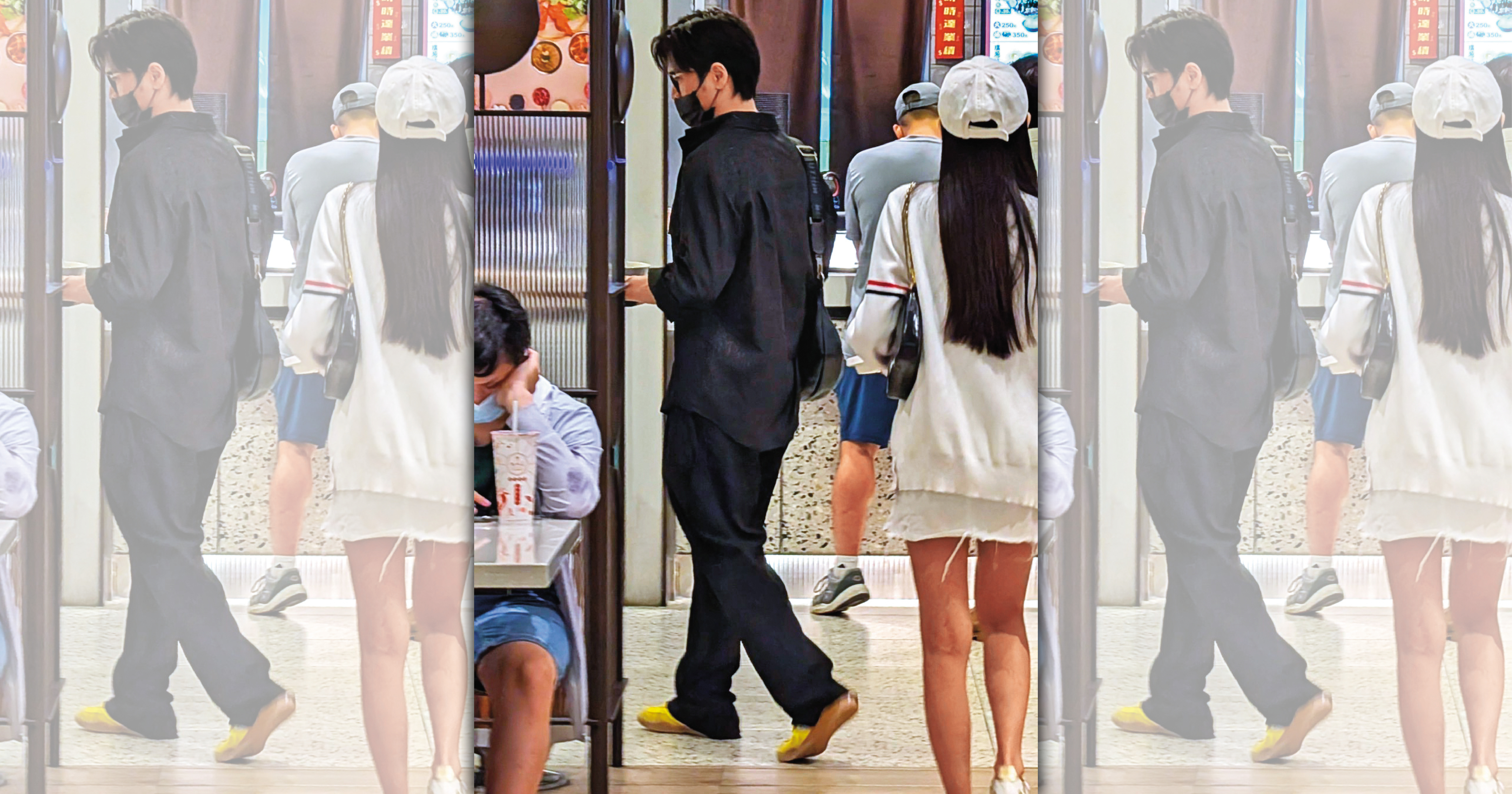 Gino（左）戴眼鏡和黑口罩表示低調，夏宇禾（右）一身白衣帽，兩人有志一同戴口罩在美食街覓食。（讀者提供）