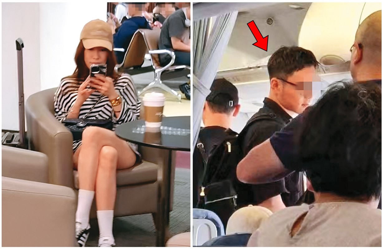雖然蕭亞軒獨自滑著手機，但其實身邊有鮮肉男伴，還故意相隔很遠。蕭亞軒的新歡男伴（箭頭處）跟著她一起從台北松山機場飛往上海虹橋。（讀者提供）