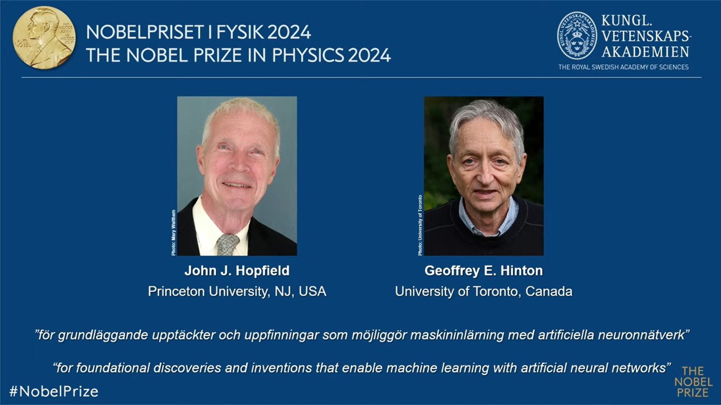 諾貝爾物理獎由2人共享殊榮。（翻攝Nobel Prize直播）