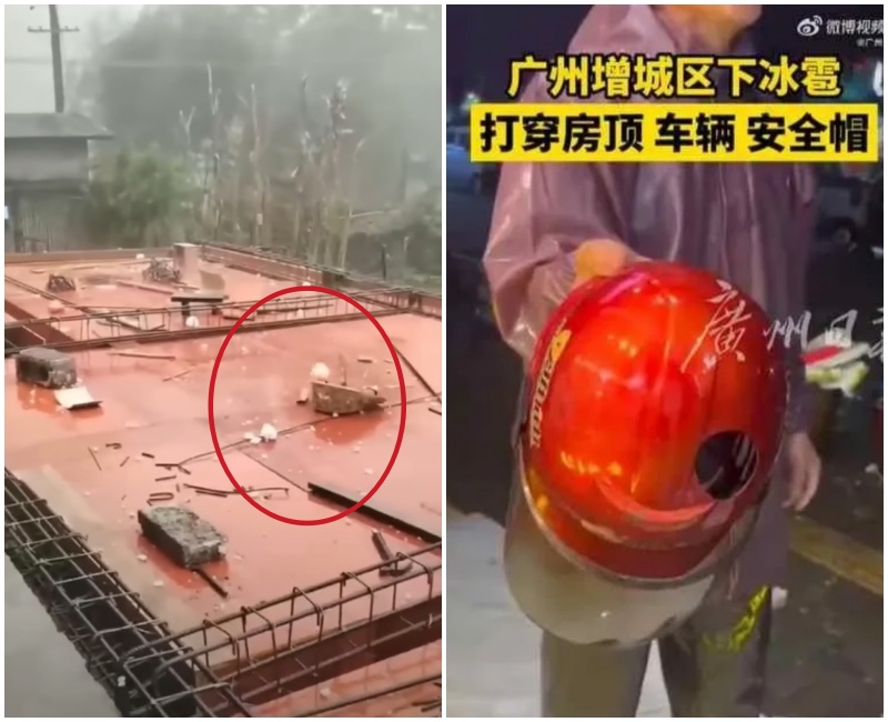 中國廣東昨日下起強風雷雨,甚至降下冰雹,不少地區房屋、車輛,都遭到冰雹打中受損。(翻攝微博)