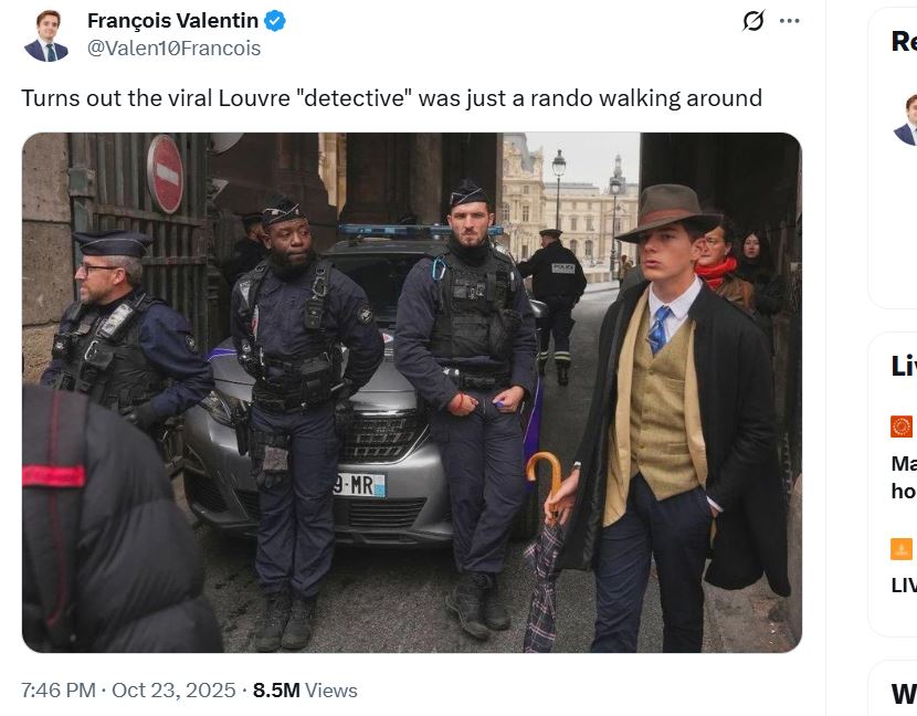 羅浮宮竊案發生後，一名打扮復古的男子（右）出現在偵辦現場，照片在網路上瘋傳，引發討論。（翻攝X／@Valen10Francois）