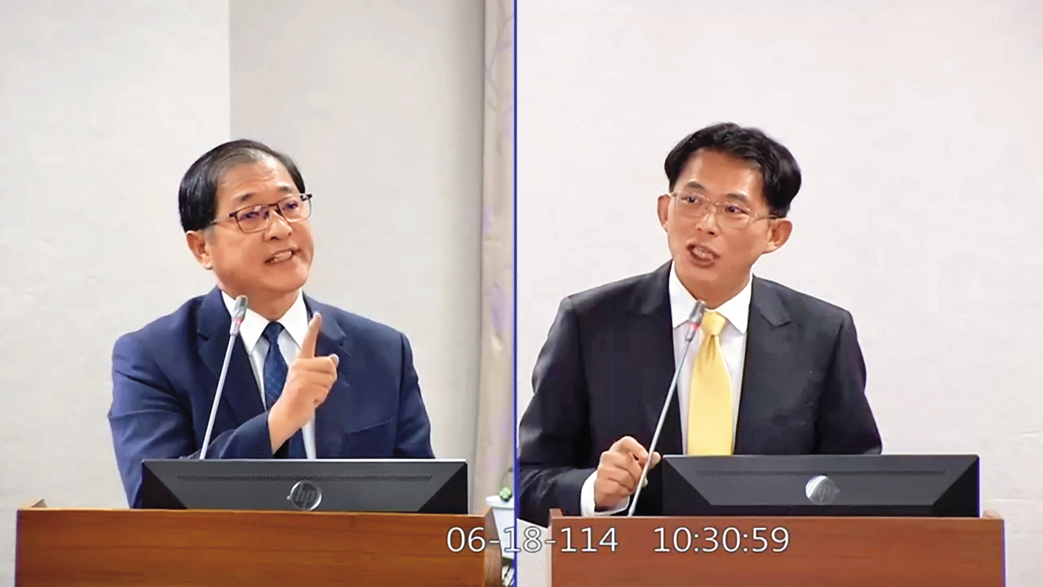 黃國昌（右）質詢法務部長鄭銘謙（左）臺雅集團遭詐案，凱思國際事後收到臺雅少東匯入200萬元，恐成貪汙對價。（翻攝畫面）