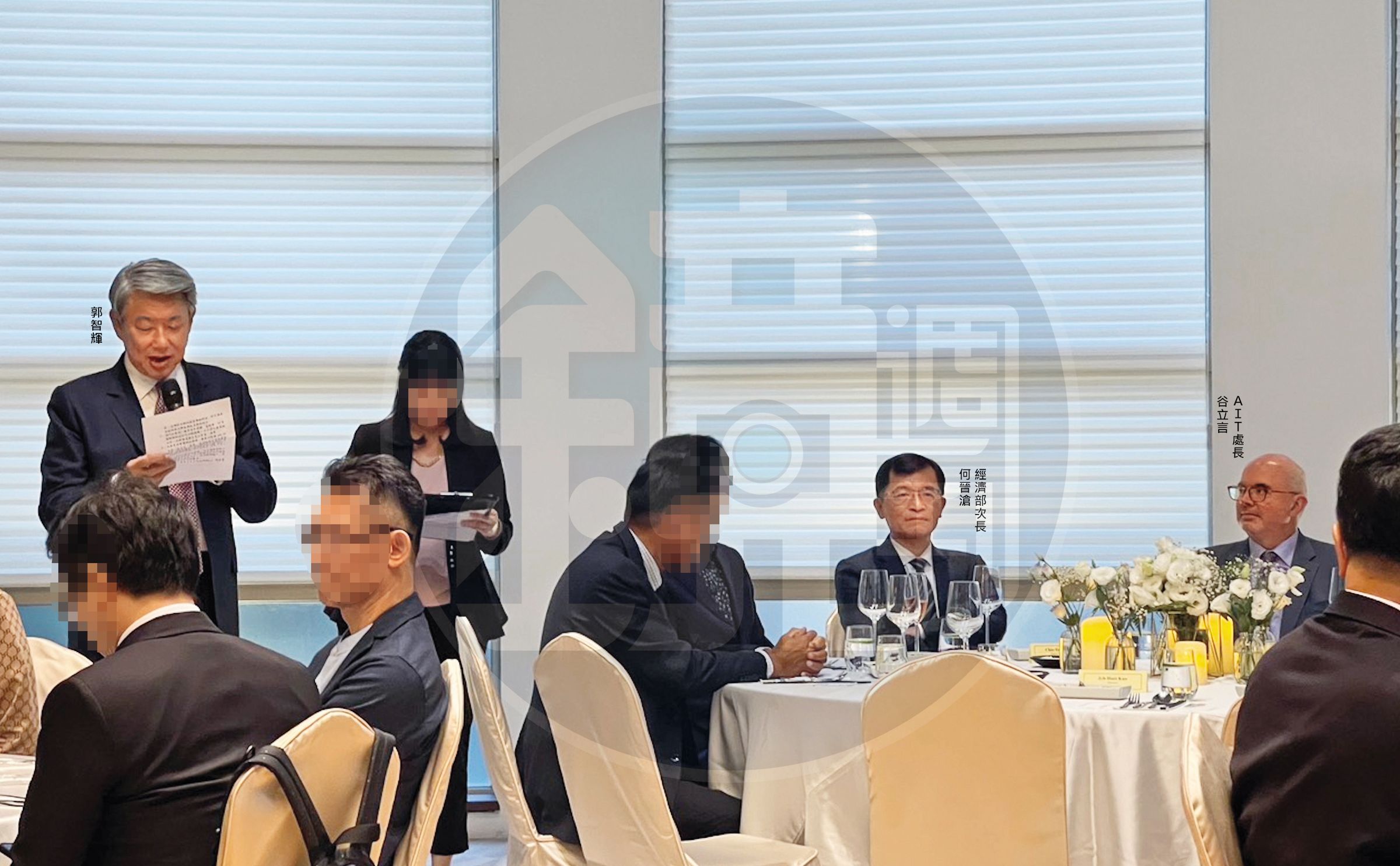 郭智輝4月28日以經濟部名義密宴AIT並在席間致詞，地點就挑在妻兒持股、崇越集團所屬的MD餐廳，挨批公私不分、涉圖利。（讀者提供）