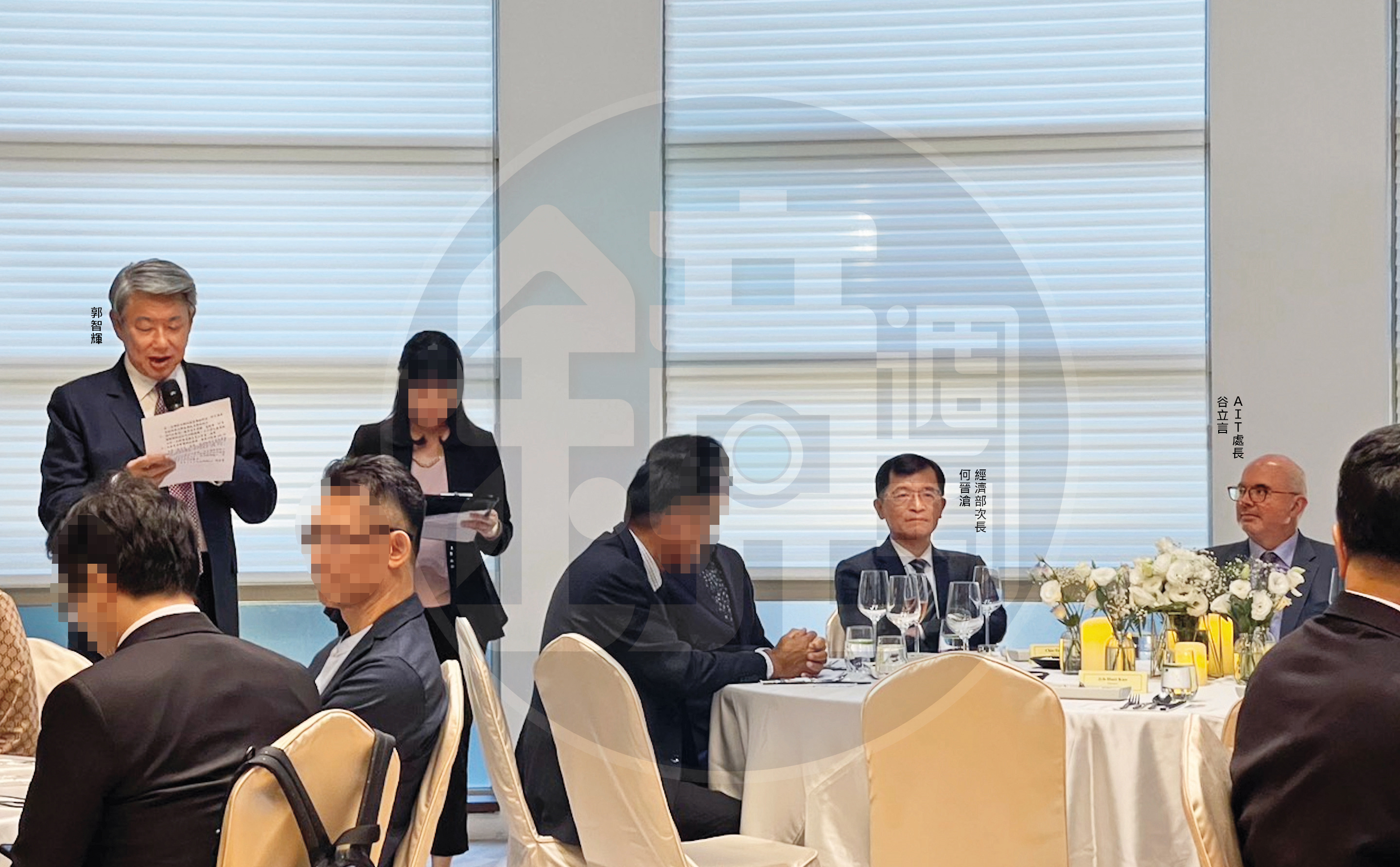 郭智輝4月28日以經濟部名義密宴AIT並在席間致詞，地點就挑在妻兒持股、崇越集團所屬的MD餐廳，挨批公私不分、涉圖利。（讀者提供）