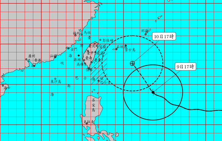 根據象署最新風雨預報,今晚間8時至明晚間8時僅桃園市山區雨量預估達停班課標準。(翻攝自氣象署)