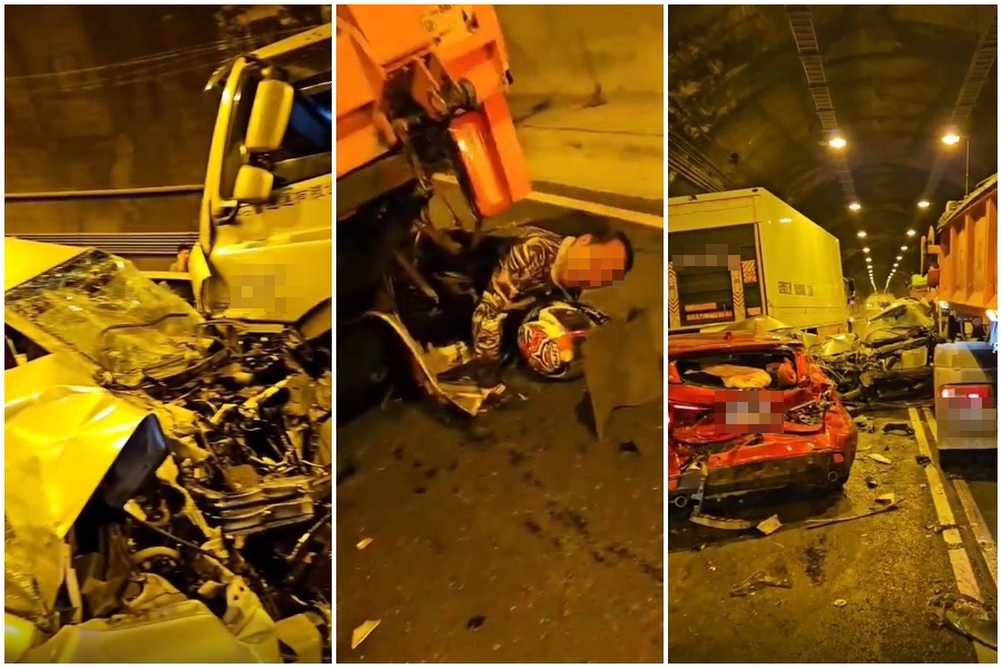 宜蘭新澳隧道今天下午發生嚴重追撞，至少10人受傷。（翻攝自記者爆料網）