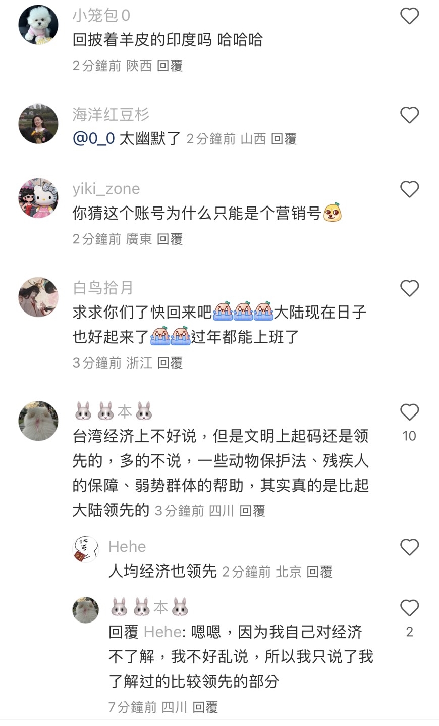 作者好奇發問「灣灣為什麼不回來跟咱們一起享福」，底下回覆意外理性。（翻攝自小紅書）
