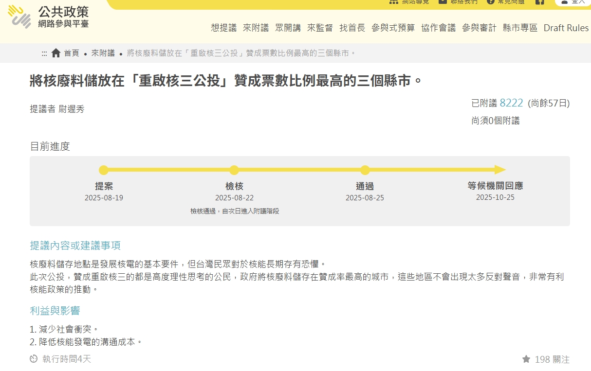 有民眾建議「將核廢料儲放在『重啟核三公投』贊成票數比例最高的三個縣市」，已獲得超過8,000人附議成案（翻攝自公共政策網路參與平臺）