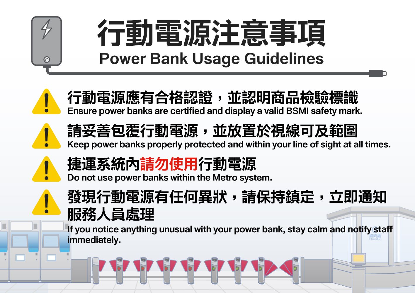 北捷運公司正式公告，進入捷運系統勿使用行動電源充電。（北捷提供）