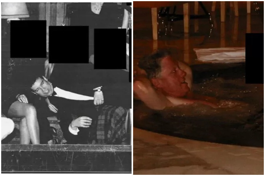 司法部釋出的影像，驚見現年79歲的美國前總統柯林頓近乎全裸斜躺在熱水浴池裡，甚至剛被剝奪英國王子頭銜的安德魯也在內。（翻攝自X@Telegraph、@GuntherEagleman）