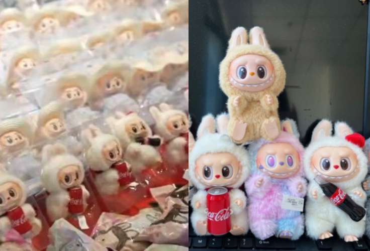 正版Labubu（右圖）毛感柔順、包裝精緻；仿品則（左圖）常見色差與縫線瑕疵。（翻攝自微博）