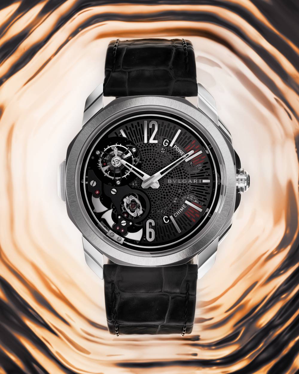 BVLGARI Octo Roma Grande Sonnerie Tourbillon 寶格麗發表全新「四鎚三問大小自鳴陀飛輪」複雜功能腕錶，錶徑45mm，厚度11.85mm，尺寸纖薄，是一款可以在日常生活中佩戴的複雜腕錶。而且其報時聲音經特殊調校，演奏「三全音」音階，聽起來別有一番韻味。鈦金屬錶殼，防水30米。 功能：時、分指示；三問、大小自鳴報時；陀飛輪結構 / 機芯：手動上鏈機芯 / 定價：約100萬歐元。