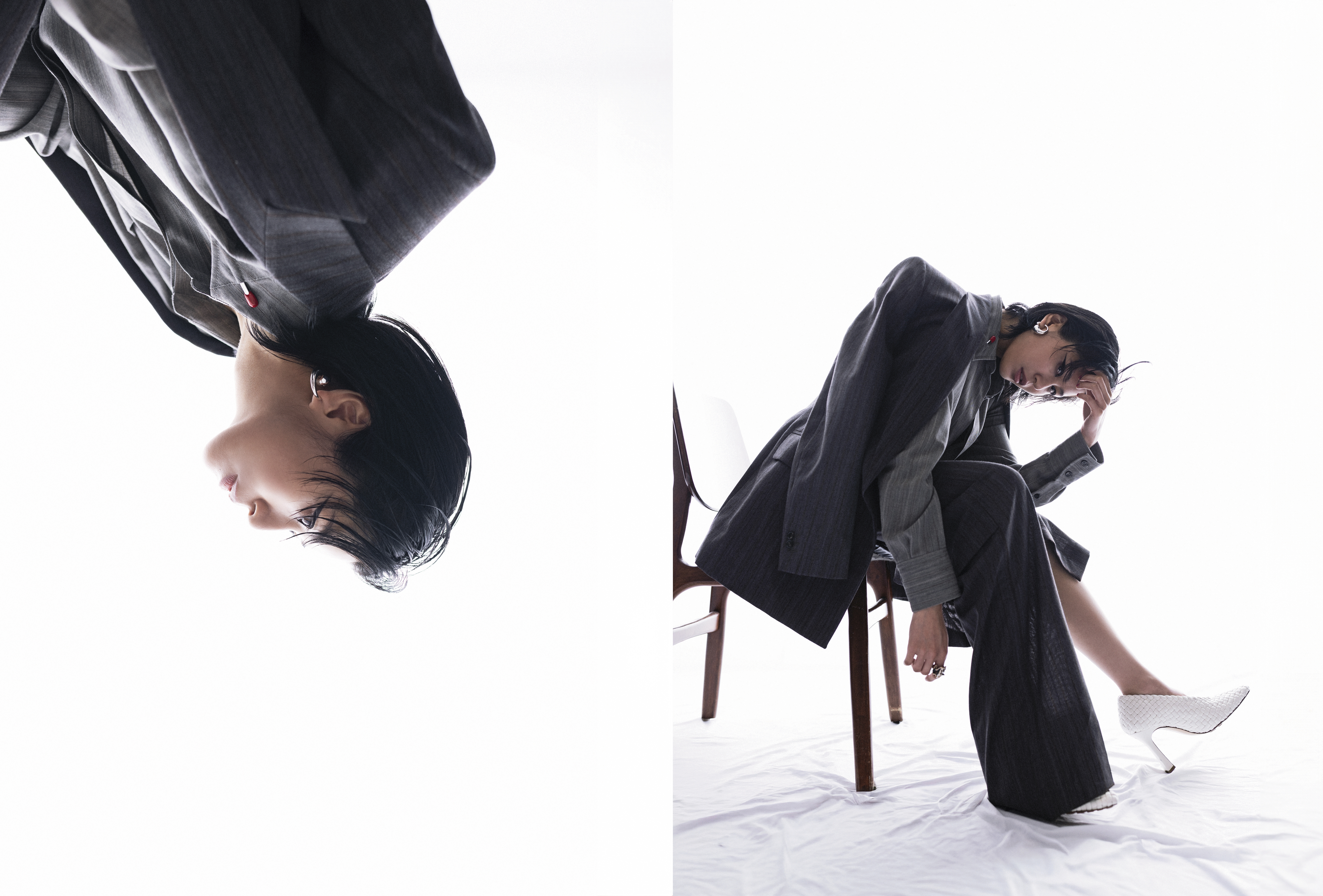 炭灰色條紋西裝外套 NT$99,200／灰色火柴領飾襯衫 NT$51,700／炭灰色條紋造型褲裙 NT$47,500／Sofia白色編織皮革高跟鞋 NT$66,800／Drop純銀水滴造型耳環 價格店洽／Rana青蛙造型戒指 NT$33,600 All by BOTTEGA VENETA