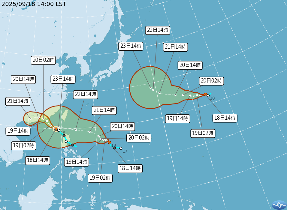 今晚間樺加沙、浣熊接力生成，形成3颱共舞的情況。（翻攝自中央氣象署）