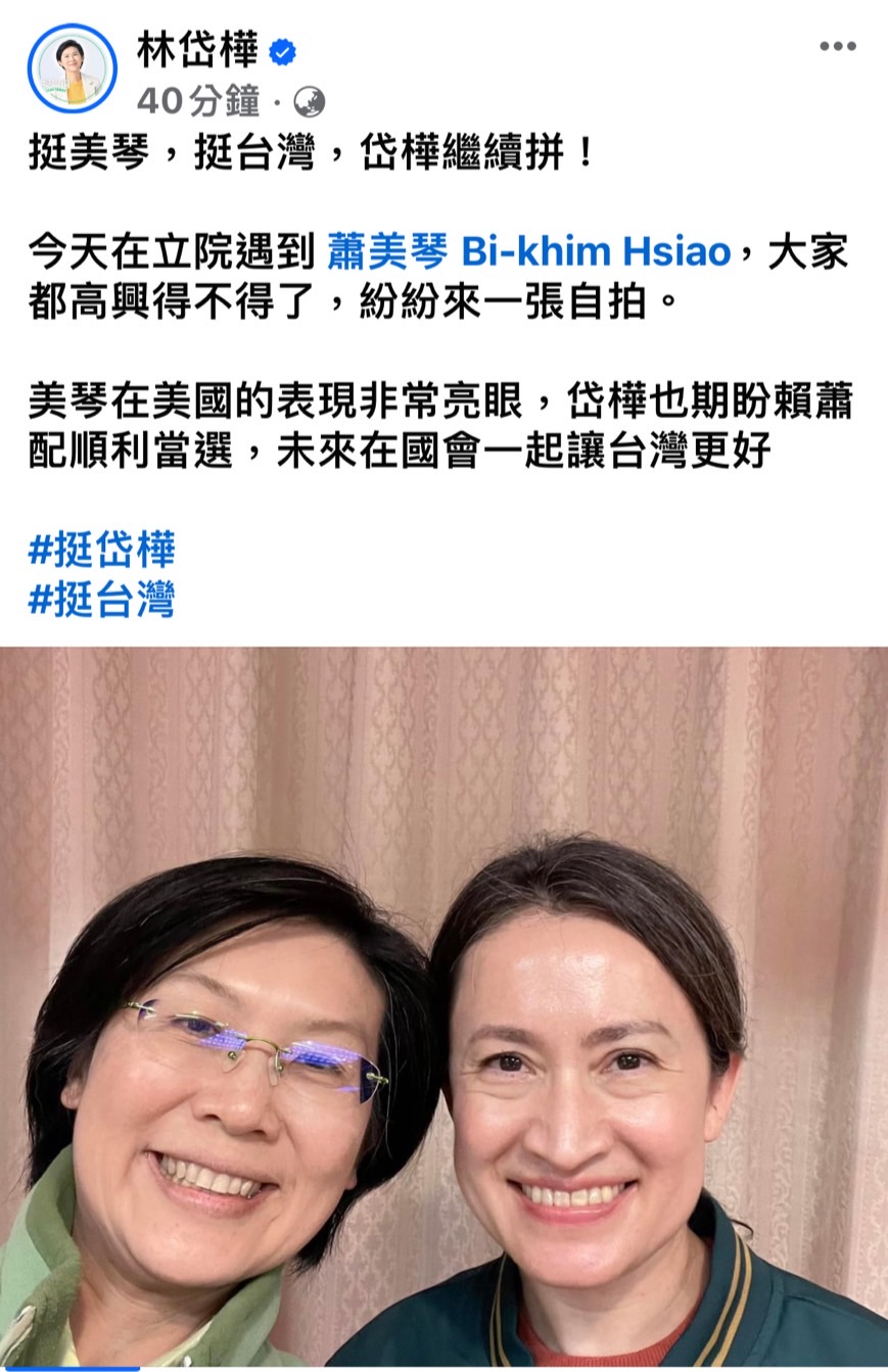 立委林岱樺與過去曾是戰友的副總統參選人蕭美琴自拍,支持者紛紛留言力挺。(翻攝林岱樺臉書)