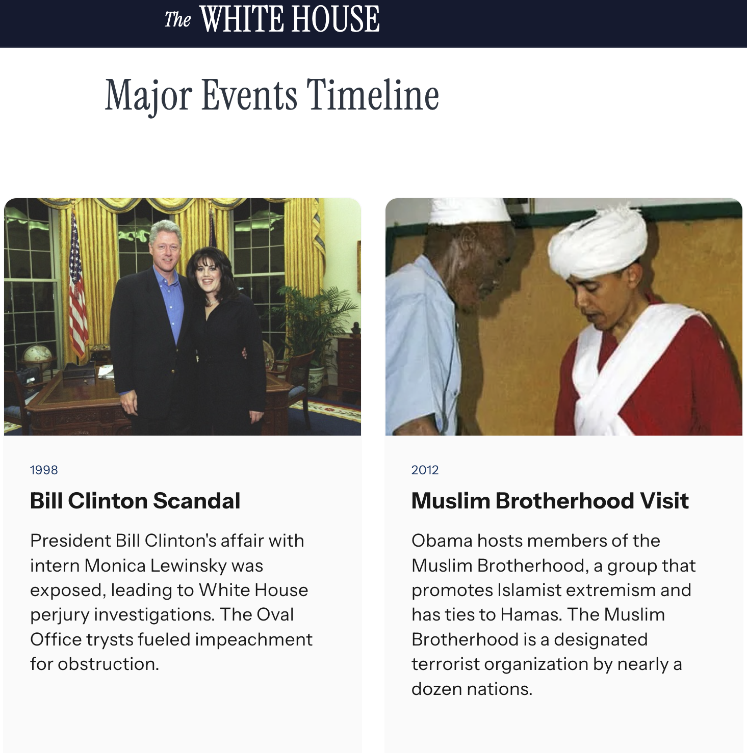 柯林頓緋聞、歐巴馬見穆斯林，被列入白宮大事記中。（翻攝whitehouse.gov）
