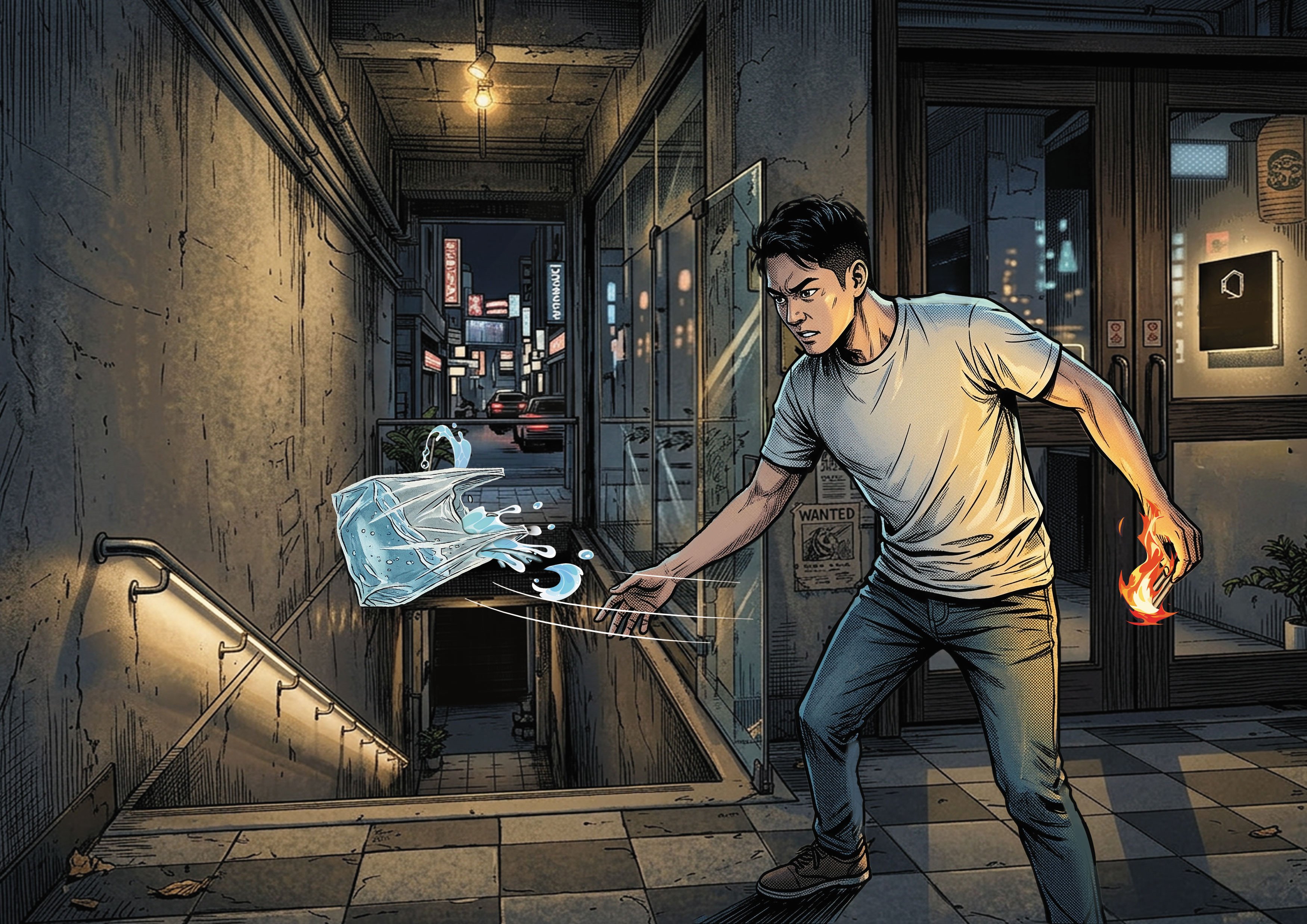 陳東榮為了幫朋友出氣,到帝王飯店丟汽油袋縱火,燒死26人。(AI繪圖FREEPIK生成,本刊美術組後製)