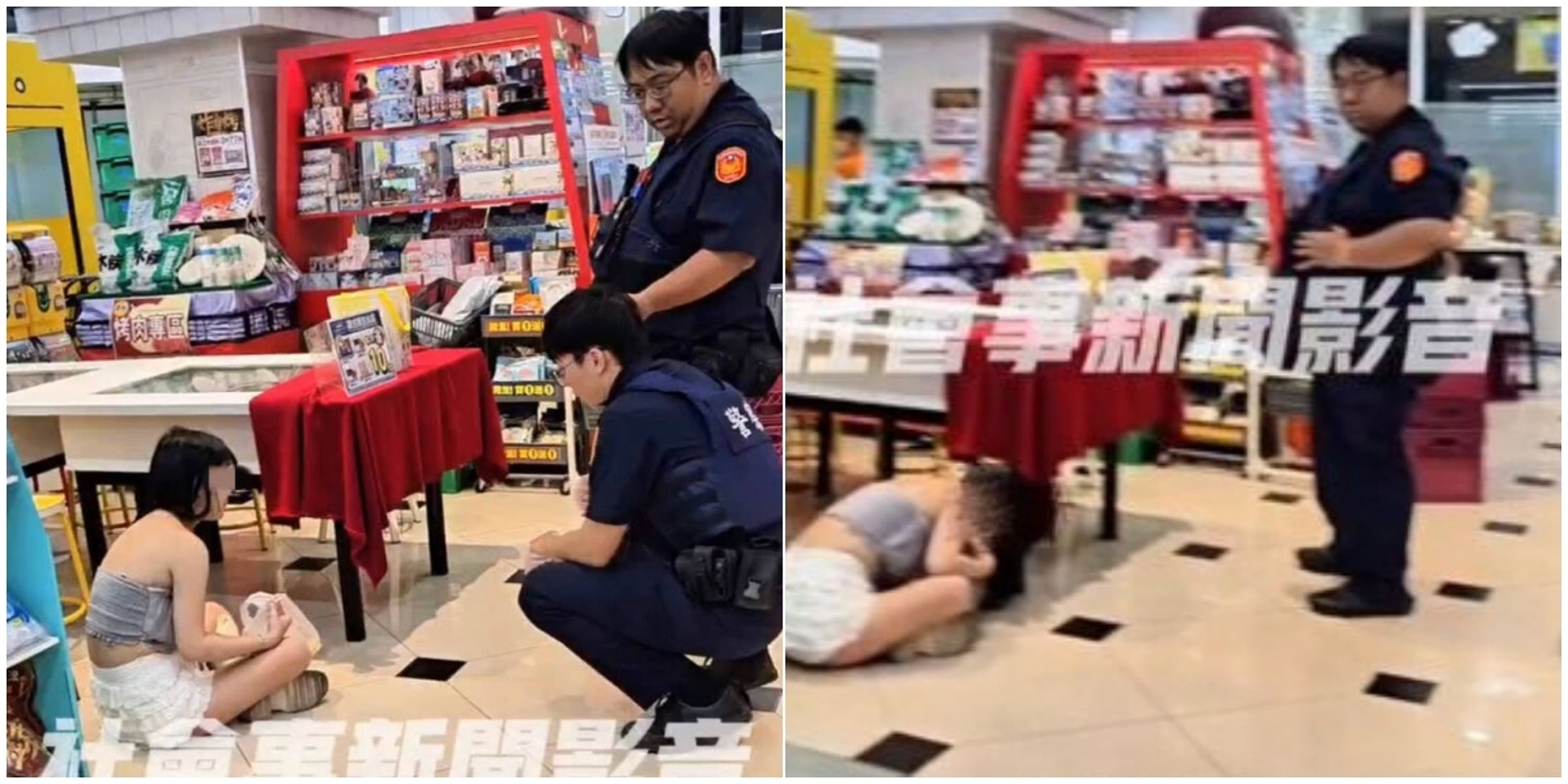 高雄女大生狂歡後坐超商狂嘔,發現財物全不見,急打電話報警。(翻攝社會事新聞影音)