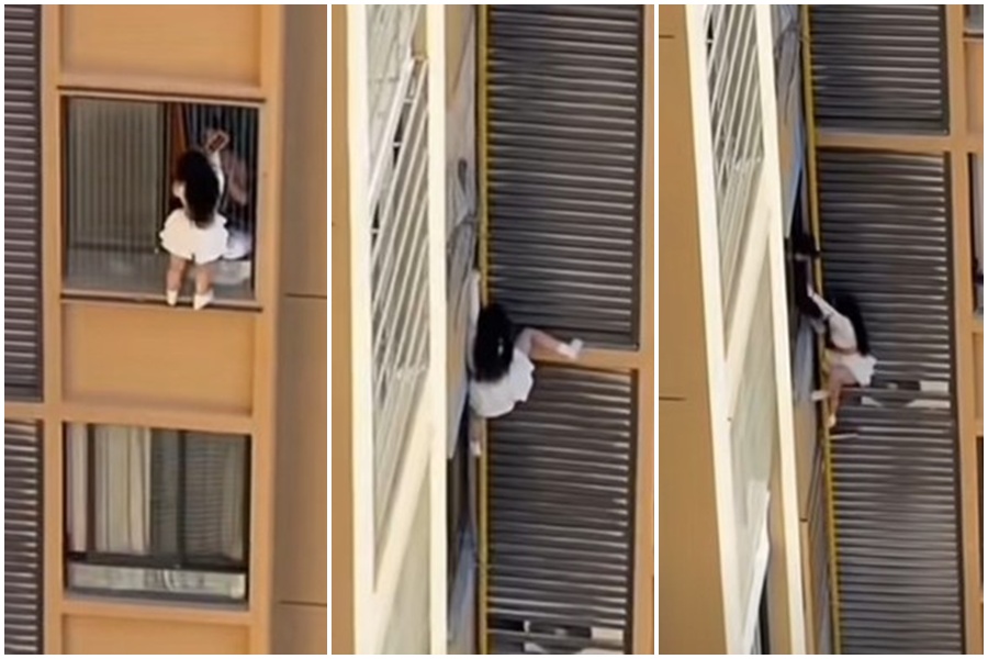 中國一名女子爬窗驚險逃脫到下樓層住戶，過程被其他鄰居拍下。（翻攝自抖音）