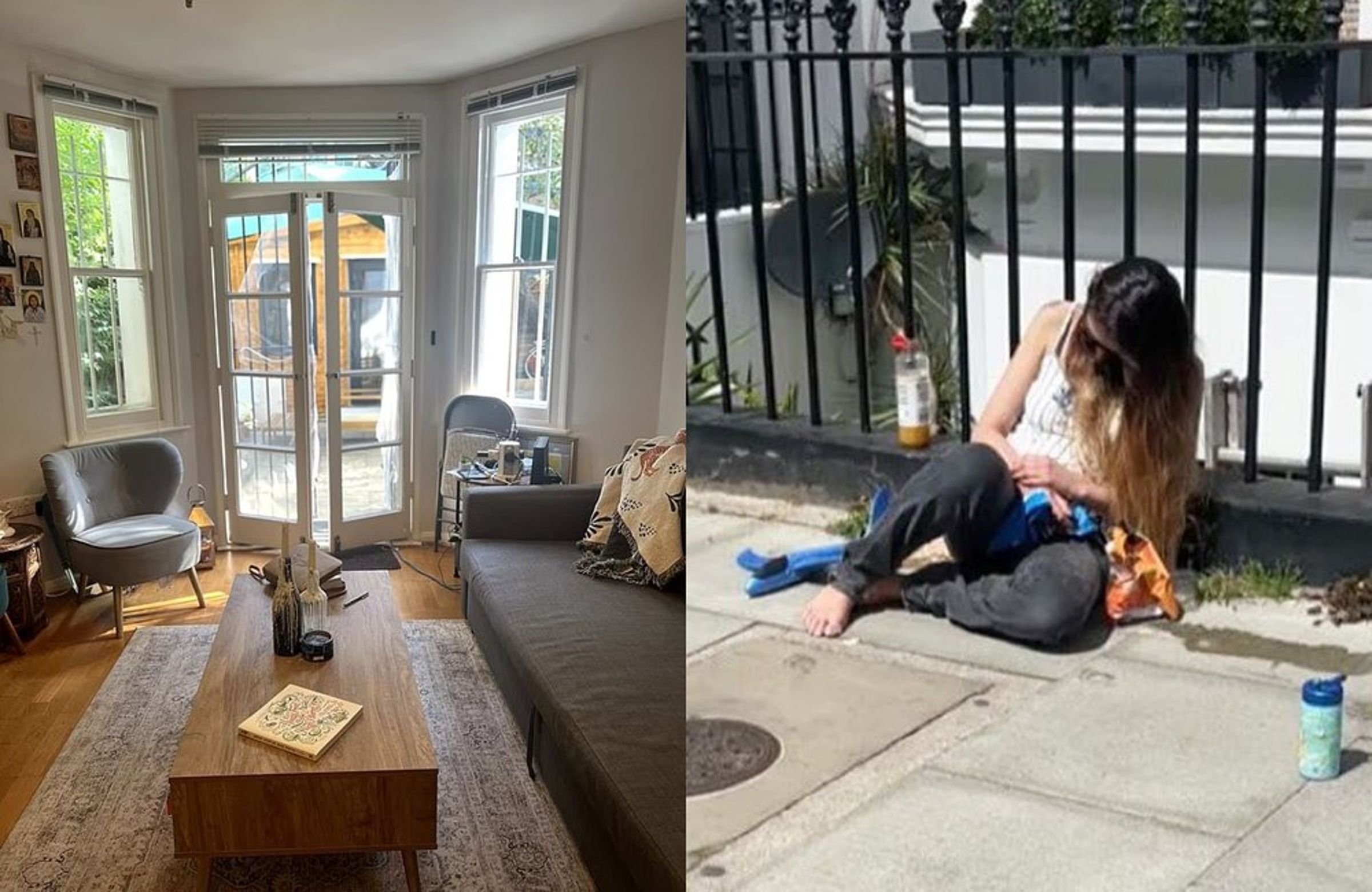 瑪赫拉日前被發現赤腳癱坐街頭(右),她與男性友人租住的Airbnb(左)也曝光。(翻攝X@slmhktn/Airbnb)