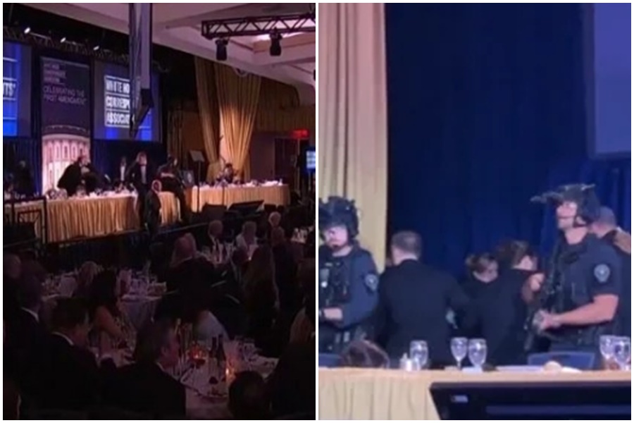 白宮記者聯誼晚宴（WHCD），會場突傳多聲槍響，川普與第一夫人梅蘭妮亞緊急撤離華盛頓希爾頓飯店。（翻攝自X平台 Republicans against Trump）