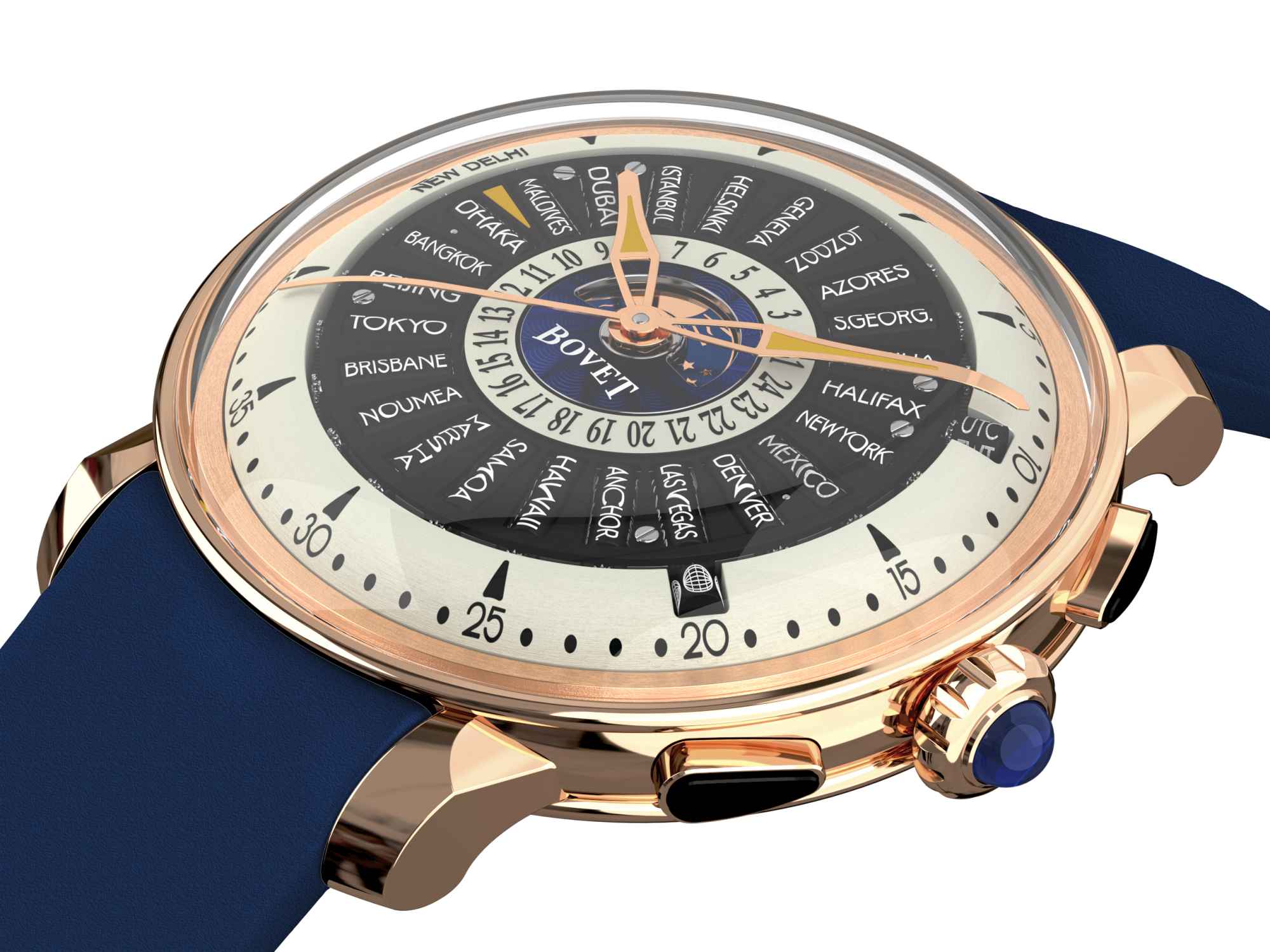 BOVET Récital 30 將閱讀世界時所需的資訊濃縮於整面錶盤,環形滾軸佔據視覺主體,使其成為旅行者的理想工具。定價約NT$2,750,000(五級鈦金屬);約NT$3,900,000(18K金)。